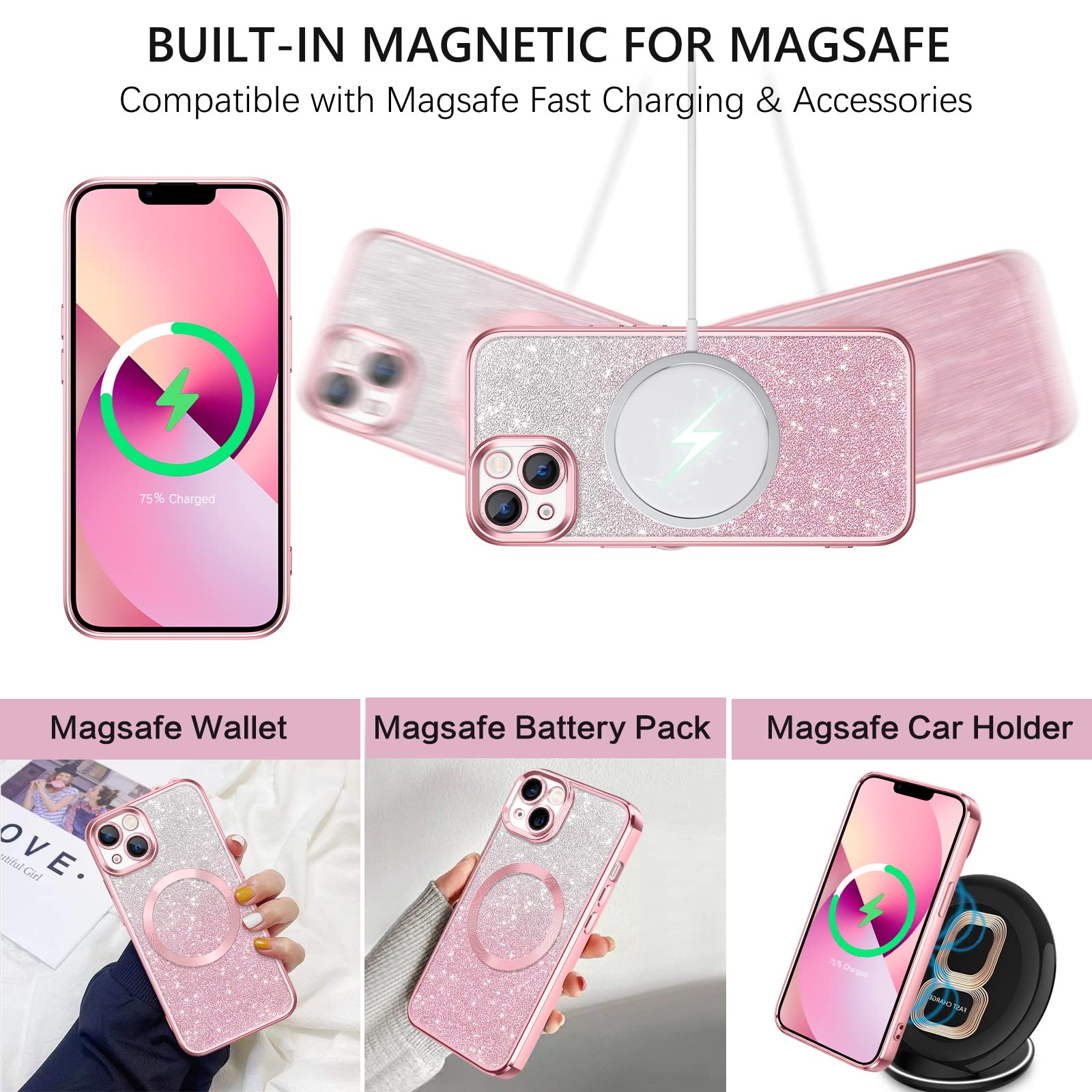 Amazon.co.jp: GUAGUA iPhone 13用 ケース 6.1インチ 磁気グリッター