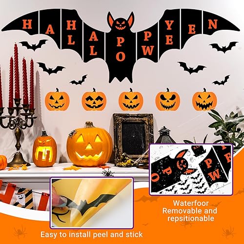 Miniatura 5 de 145Pcs Halloween Wall Decals,Large Size Bat Wall Decal Home Horror Wall Decal, Wall Sticker Pumpkin Spooky Decorations Party Supplies Ancient Castle