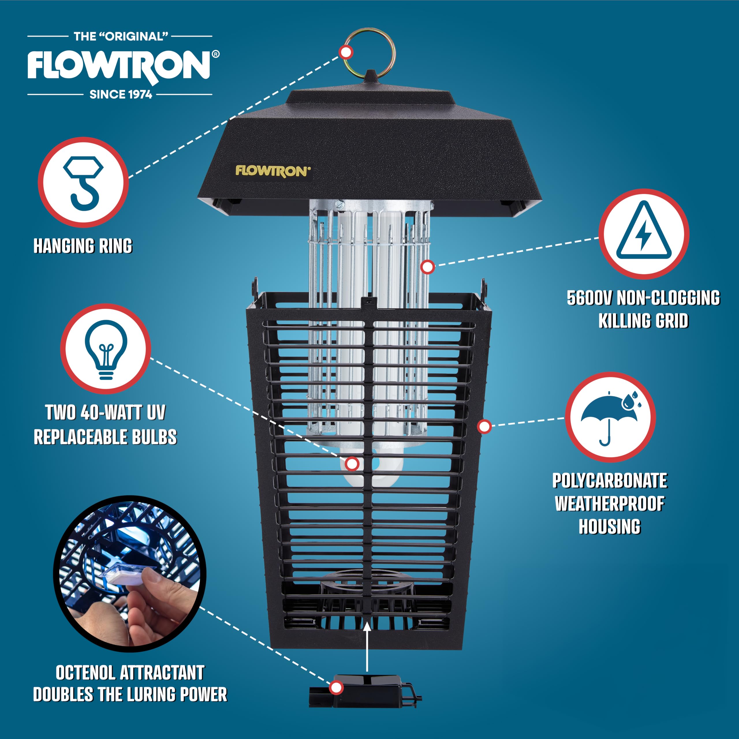 Flowtron Bug Zapper, zasięg zewnętrzny 1-1/2 akra z wydajną żarówką 80 W i siatką natychmiastowego zabijania 5600 V, owadami elektrycznymi, owadami elektrycznymi, muchami i moskitierami, wyprodukowano