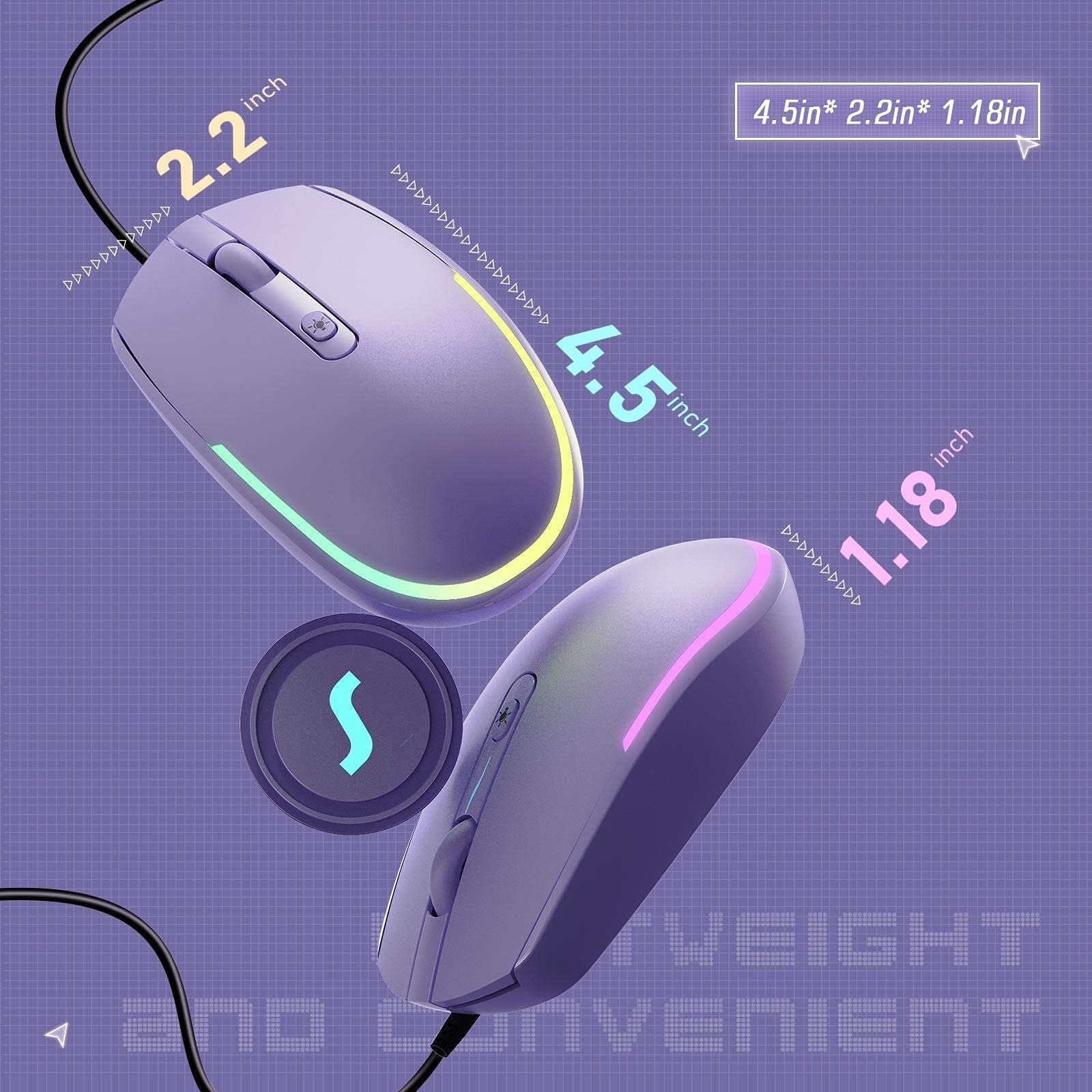 seenda Ratón USB con cable RGB retroiluminado ratón óptico de computadora con cable para ordenadores portátiles Chromebook - morado