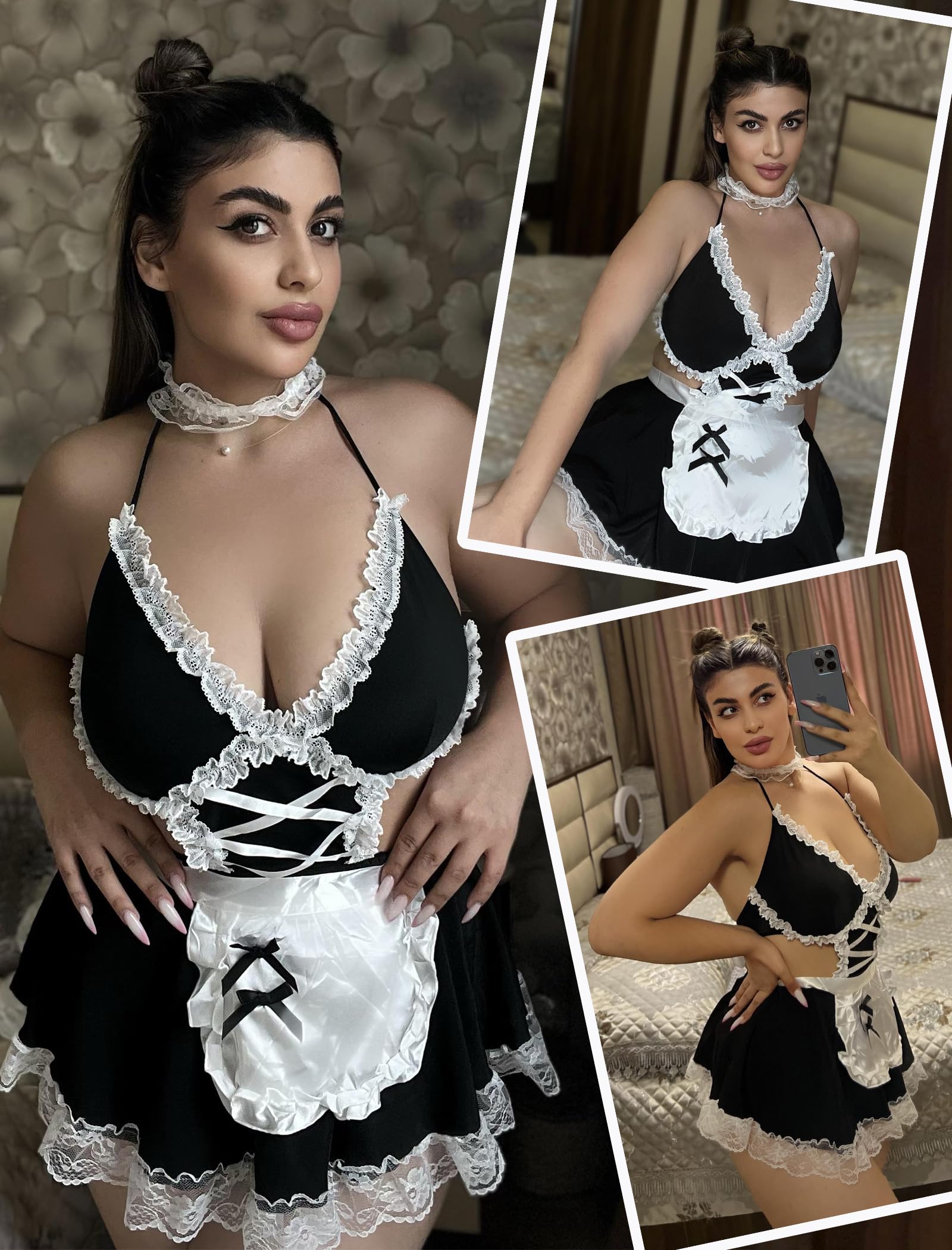 Avidlove Sexy Lingerie for Women Cosplay Costumes Lingerie Set Lace Maid Outfit: Black Small