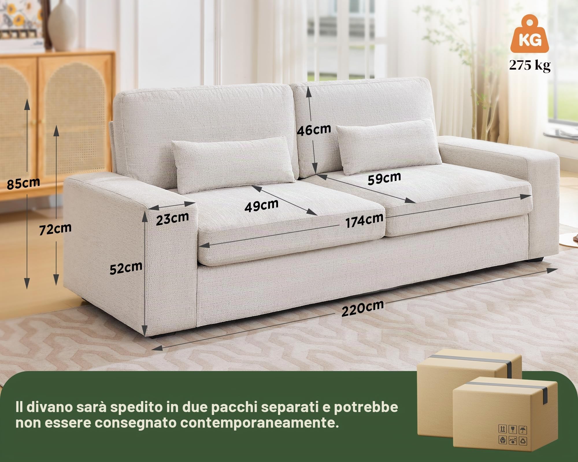 LUXOAK Divano a 3 posti da 220 cm con profondità di seduta di 59 cm, divano moderno con braccioli larghi, facile da montare, ideale per soggiorno, camera da letto o sala giochi, ciniglia beige