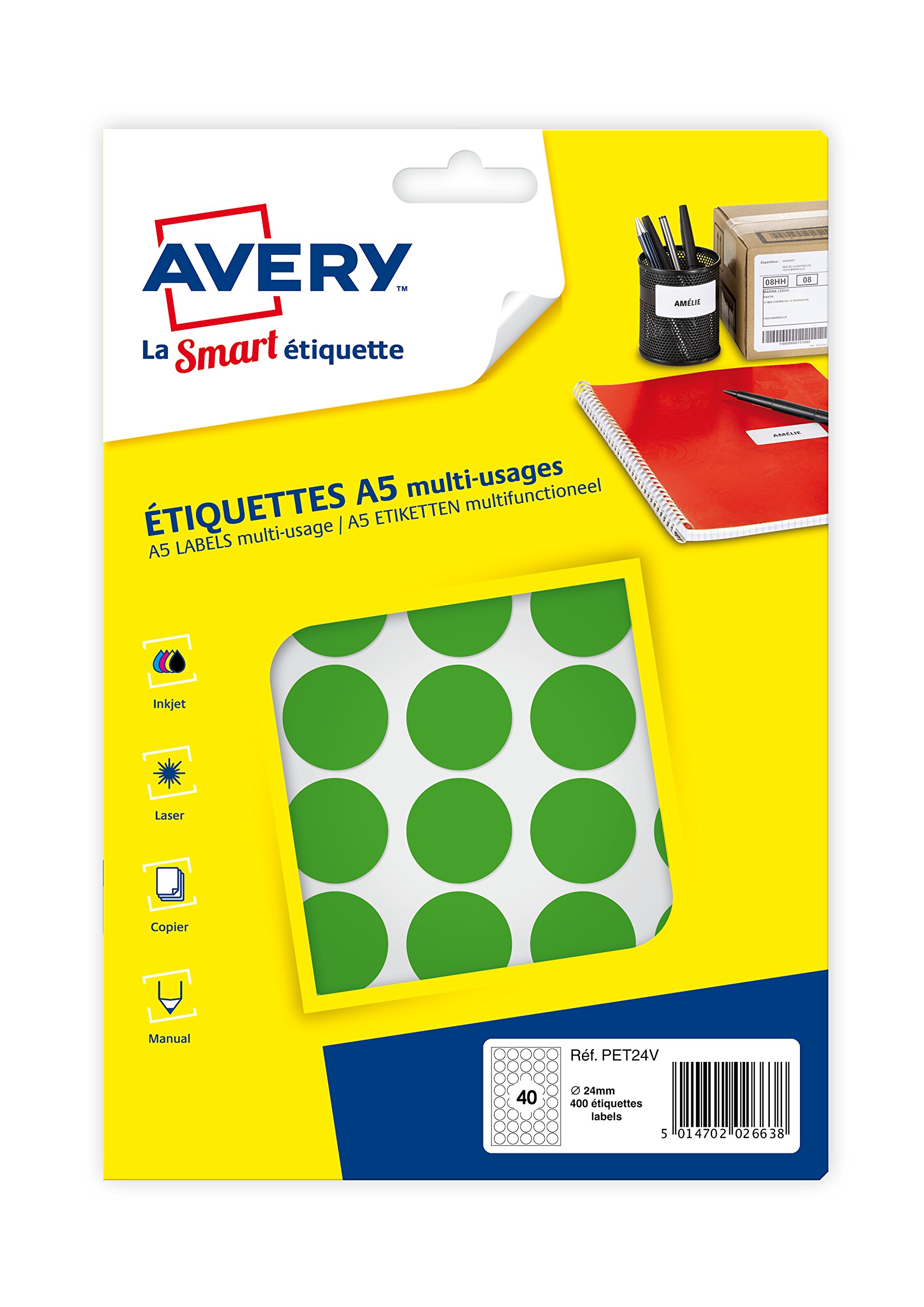 AVERY - Case of 400 self-Adhesive Green dots, Diameter 24 mm PET24V