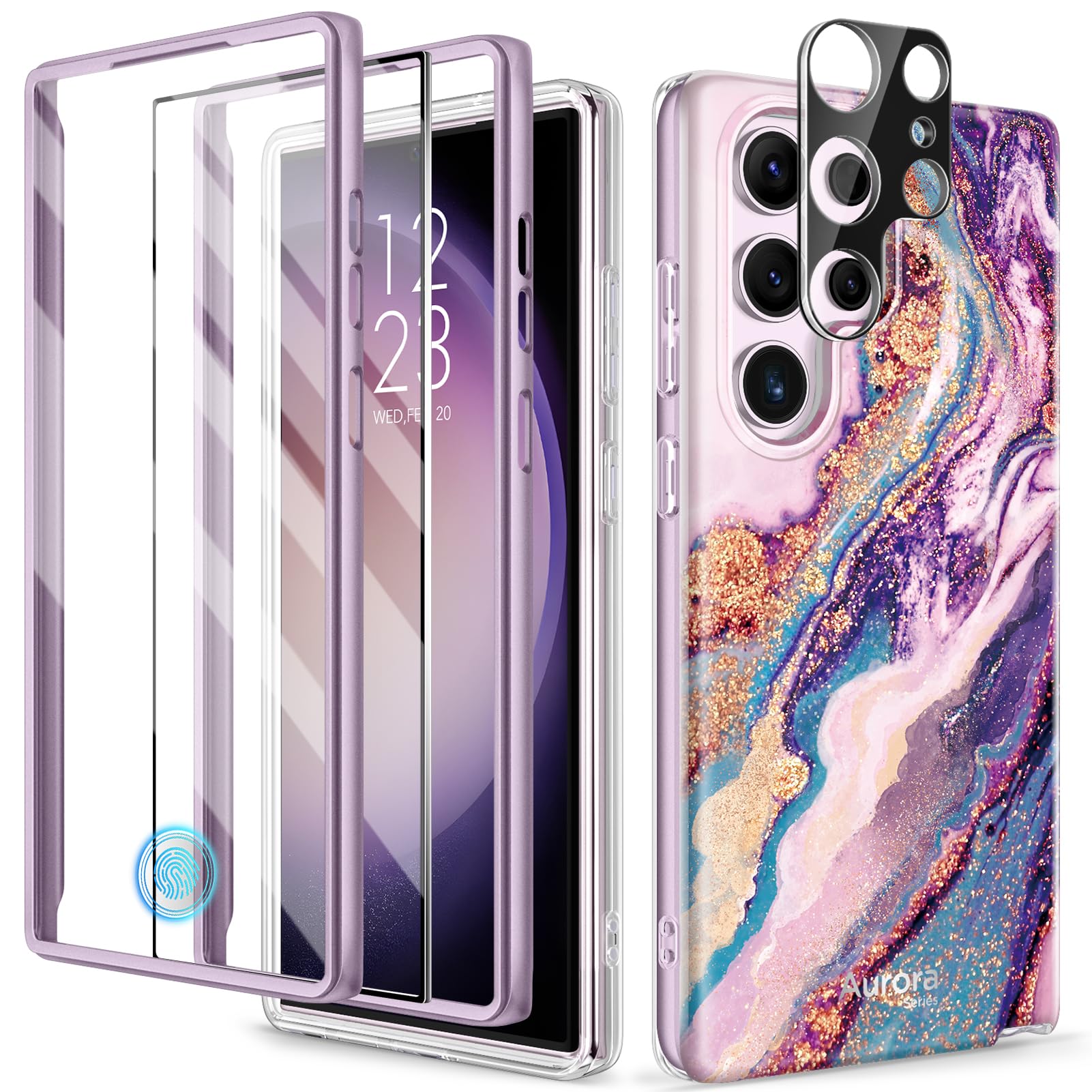GVIEWINDesigned for Samsung Galaxy S24 Ultra Case, [Built-in Screen Protector + Camera Lens Protector ][2 Front Frames] Military Grade Drop Protective, Marble Phone Cover(Dreamland River/Purple)