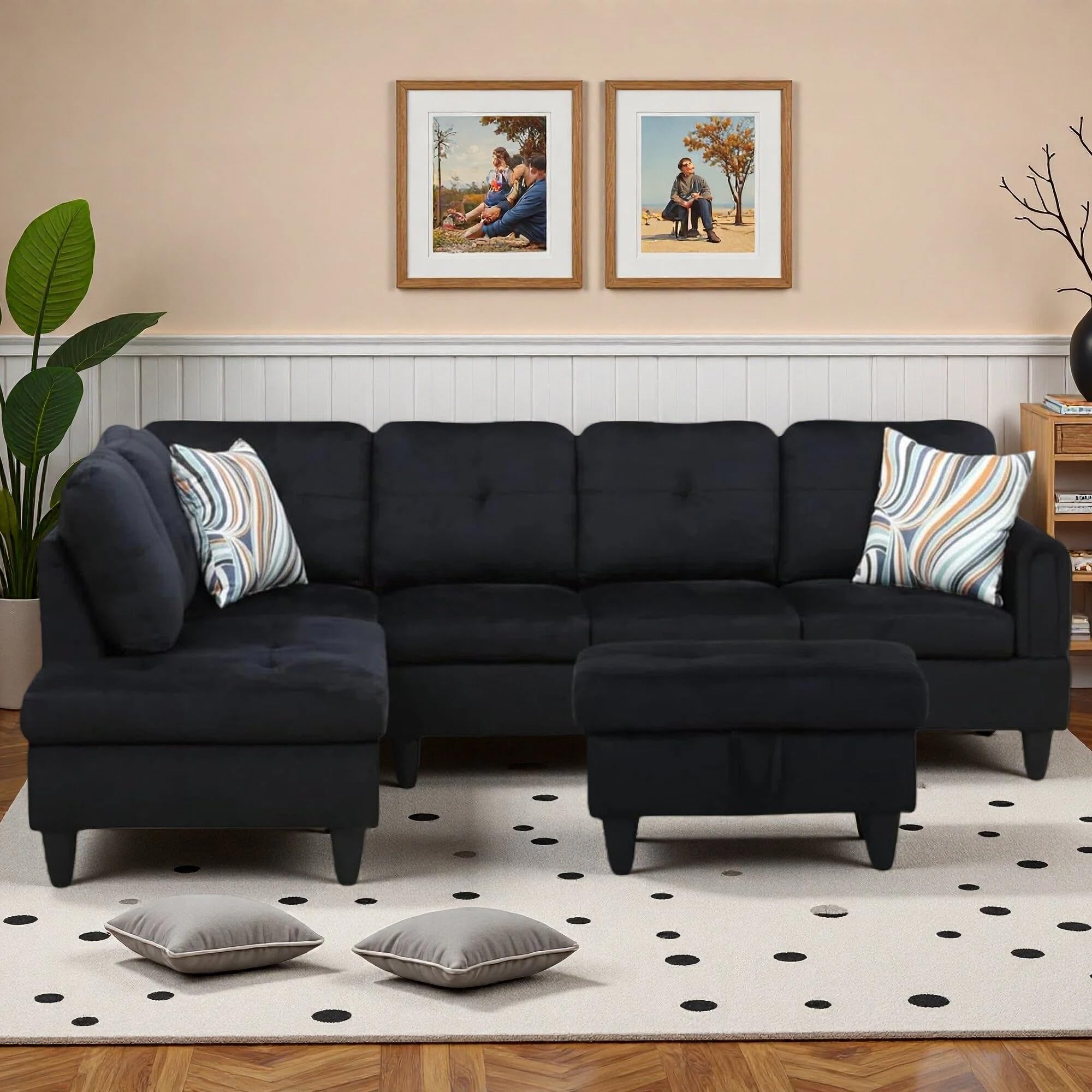 L-Shaped Sectional Sofa with Movable Chaise & Storage Ottoman, Lounge 3-Piece Modular Convertible Couches for Living Room, Apartment & Office, Black (2 middle seats only)