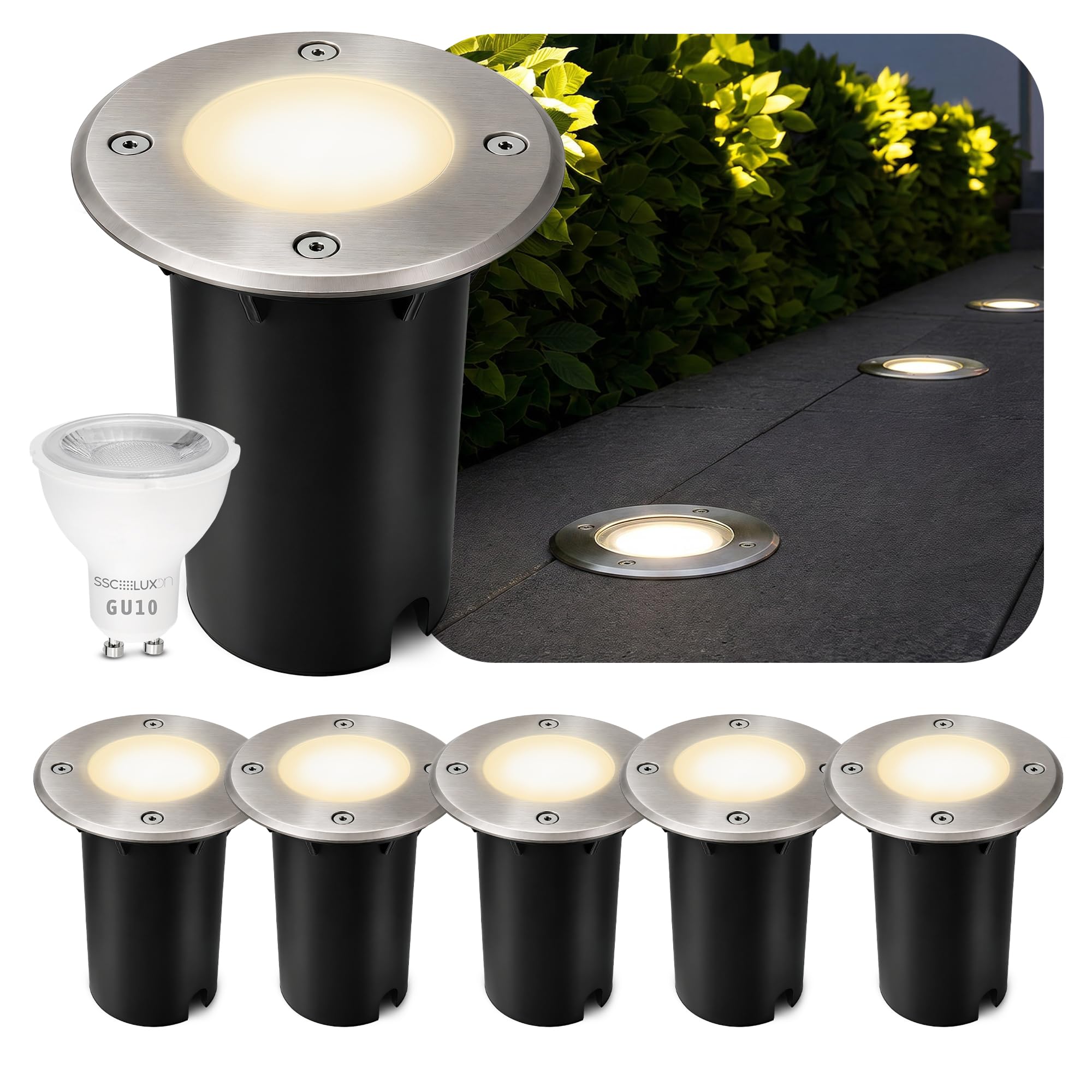 SSC-LUXon KALPA Bodenstrahler 6er Set silber rund IP67 GU10 2W warmweiß | Sechs befahrbare Bodenstrahler bis 2000kg - warmweiß, Edelstahl, reihenschaltbar für Wege & Terrasse, IP67, inkl. LED