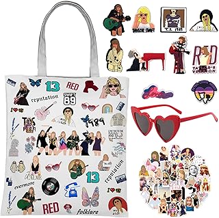 1PCS Taylor Canvas Tote Bag, 50PCS Singer Album Stickers, 10PCS Swift Merch Shoe Charms, Swift 1PCS Red Sunglasses,Inspired Swift Merch TS Fans Gift Travel Set