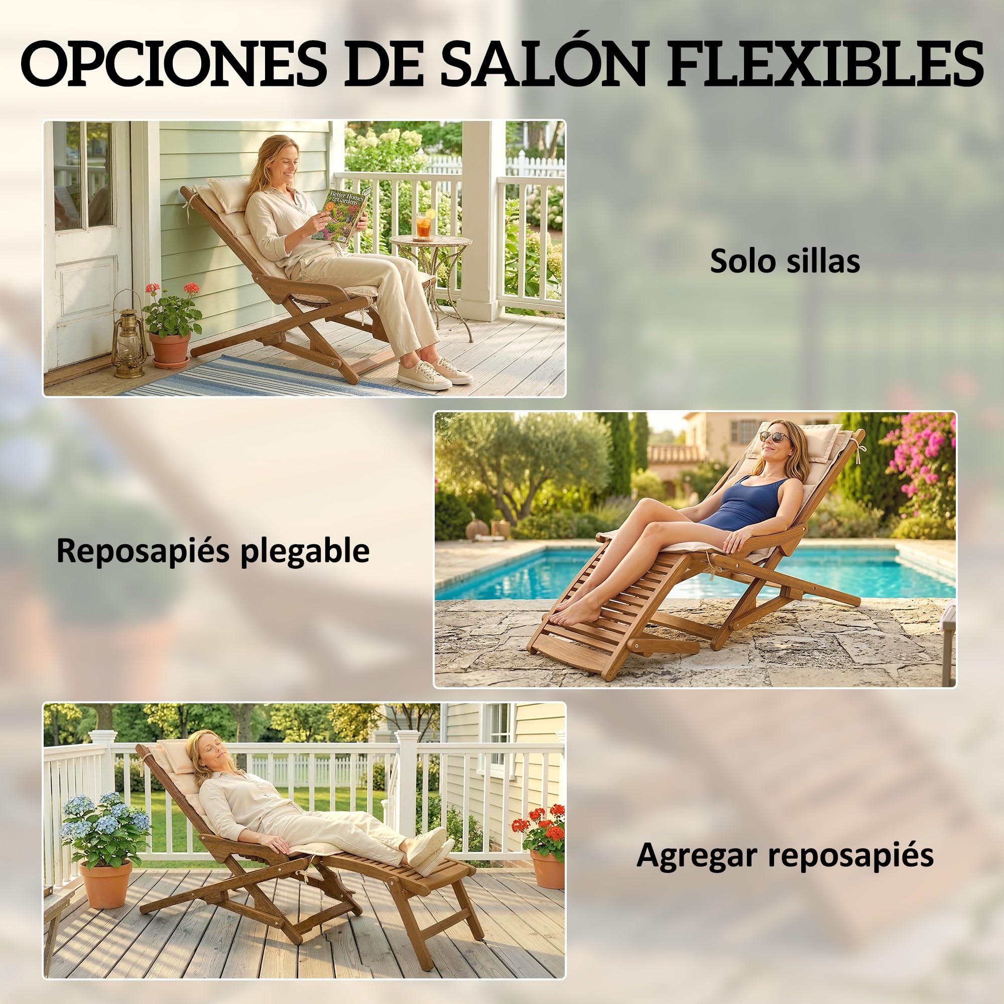 Outsunny Tumbona Silla Plegable de Madera de Acacia 158x61x70 cm Beige | Silla de Jardín Exterior, Reposapiés Desmontable, Cojín con Reposacabezas, Carga 160 kg, para Terraza, Patio, Playa