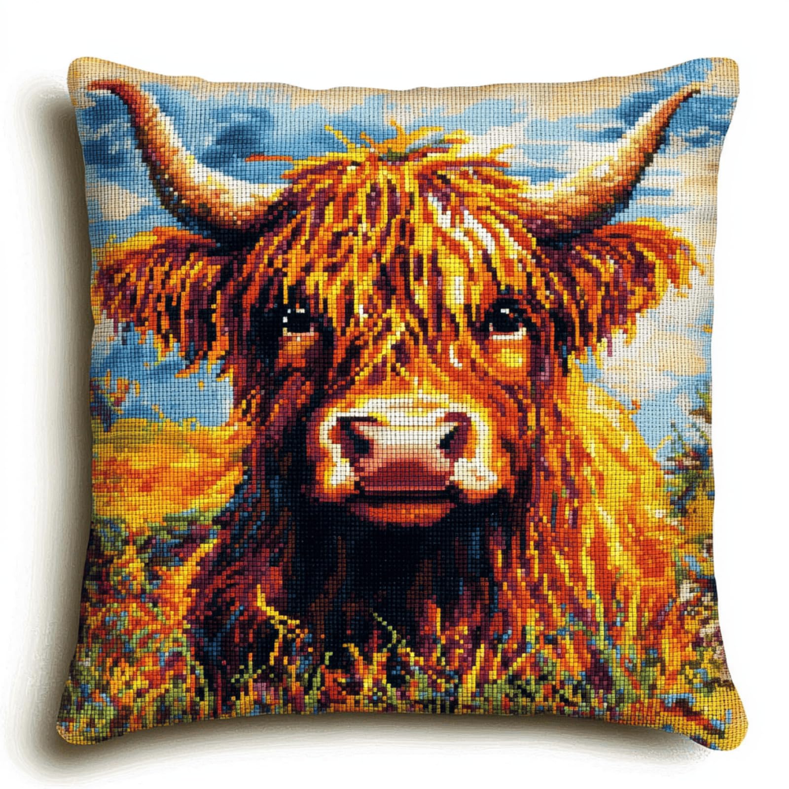 XDEGHUANGSS Latch Hook Cushion Cover Kit 17 x 17 Inch,Highland Cattle Pillow Case Craft Kit for Adults & Beginners, DIY Rug Making and Knitting Cushion Kit with Yarn and Canvas