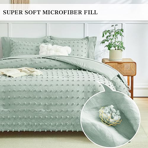 Miniatura 3 de Juego de edredón tamaño individual de 6 piezas con lunares copetudos con sábanas verdes, suaves y bordados, estilo Shabby Chic bohemio, color sólido