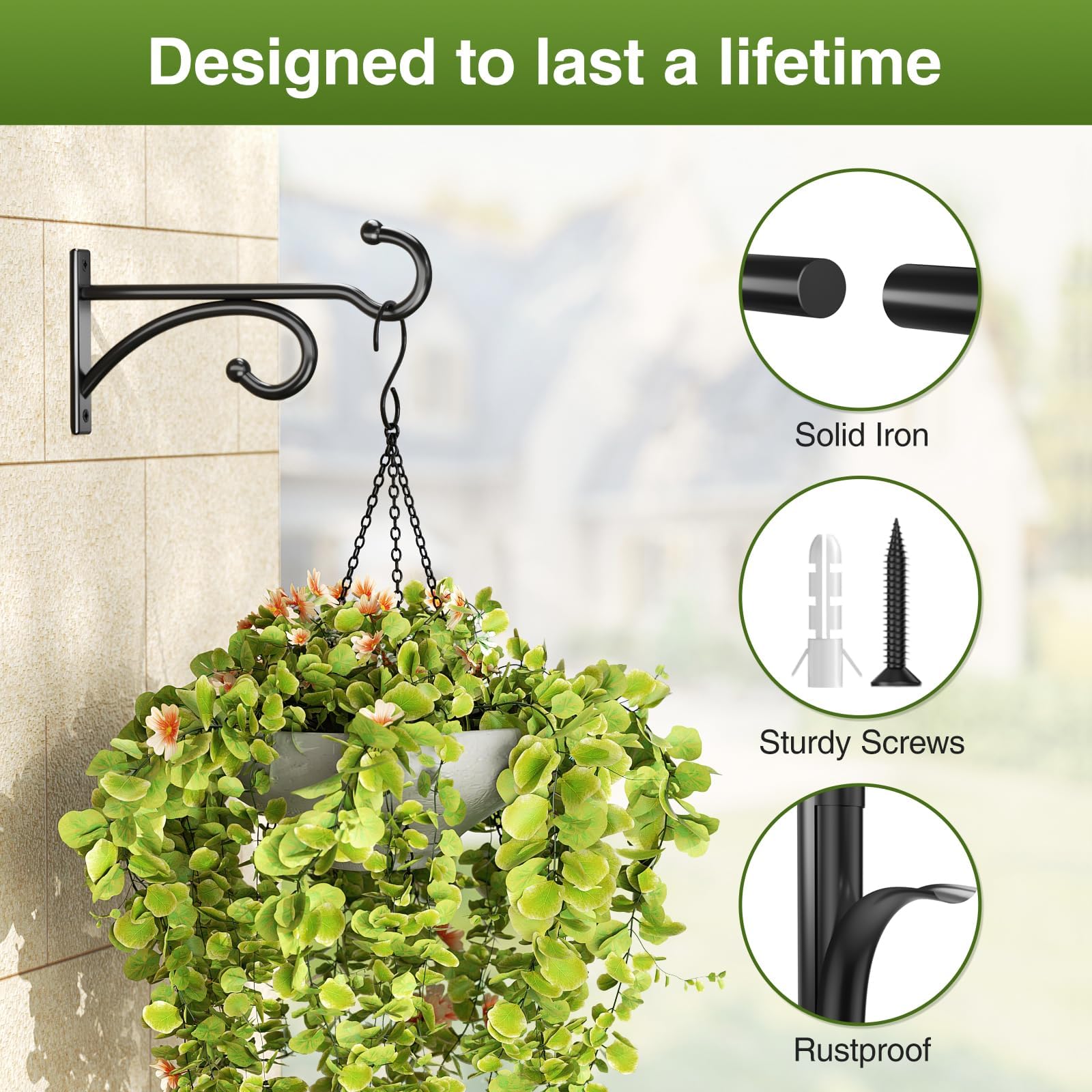 2 Pcs 15cm (6 Inches) Planter Hooks for Hanging Plants - Plant Hanger Hook Indoor Outdoor, Plant Wall Hooks, Brackets for Hanging Plants, Baskets, Wind Chime, Bird Feeder, Bird House (Black, Metal) — view 4