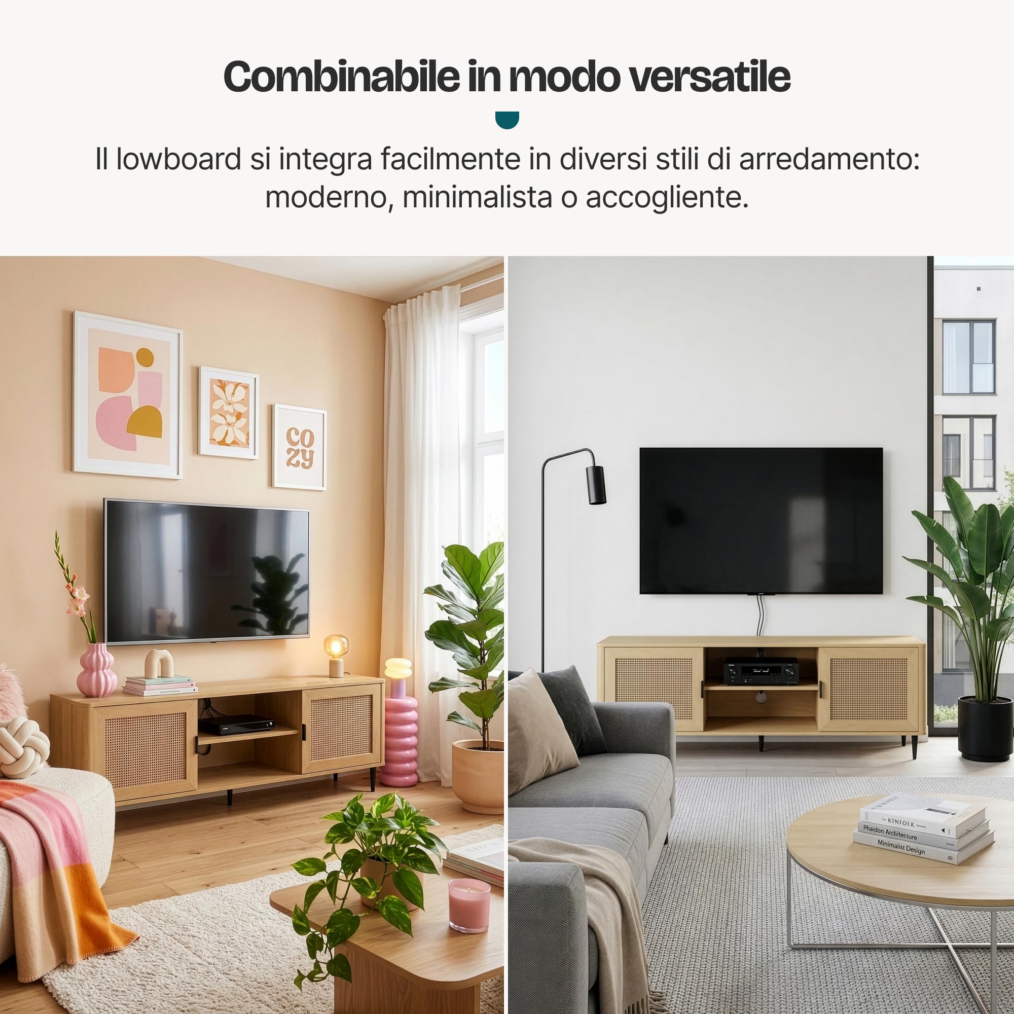 [en.casa] Mobile TV con Ante Inserto Effetto Rattan e Scomparti Aperti Porta Televisore con Fori Passacavi Stand Multimediale per Zona Living 152x40x54 cm Effetto Rovere