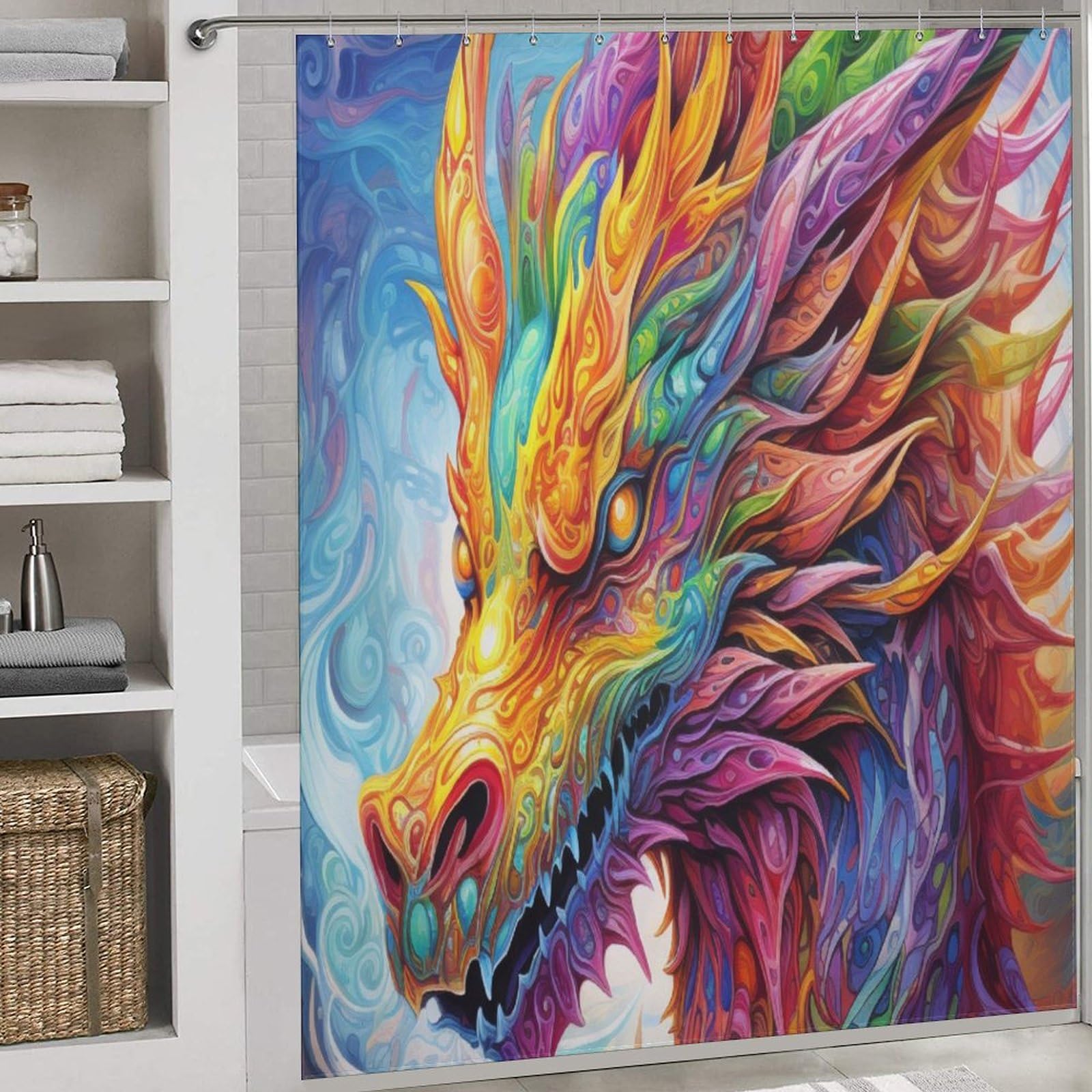 Dragon Shower Curtain Polyester Fabric Waterproof Shower Curtain Liner, 3D Pattern for Shower Stall, Bathroom Curtains with 12 PCS Hooks 72x72Inch (183x183cm)
