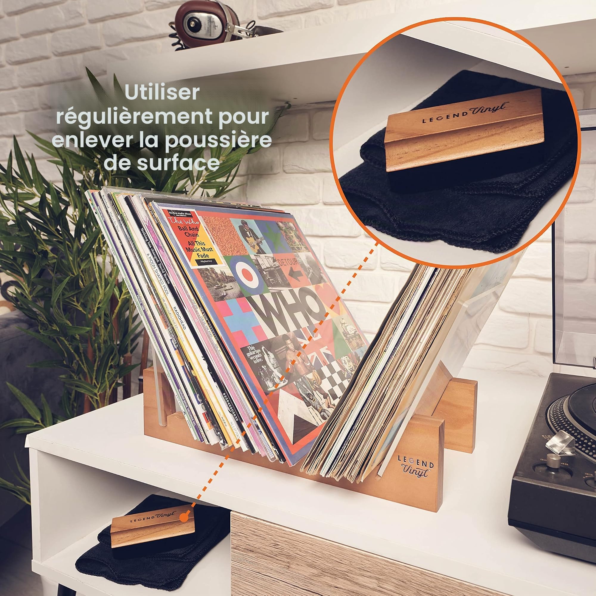 Brosse de nettoyage en vinyle avec manche en bois Antistatique pour un son optimal Longue durée sans plastique Noir LV3