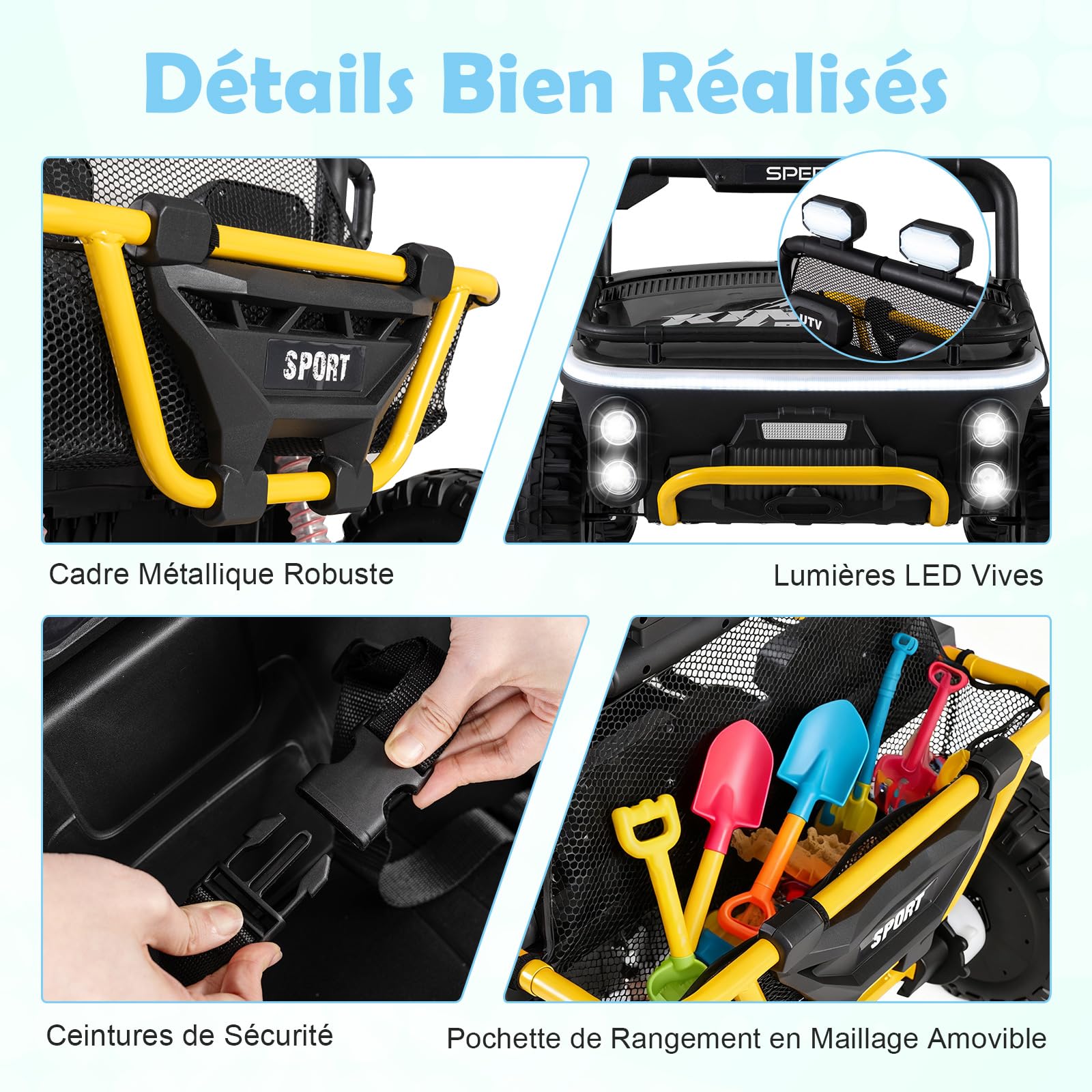 COSTWAY 24V Voiture Électrique Enfant 2 Places avec Télécommande 2,4G, Buggy Électrique Enfant avec Musique Klaxon Lumières LED, Démarrage Progressif, 3,5-6,5 km/h, Charge 40kg pour 3-7 Ans (Noir)