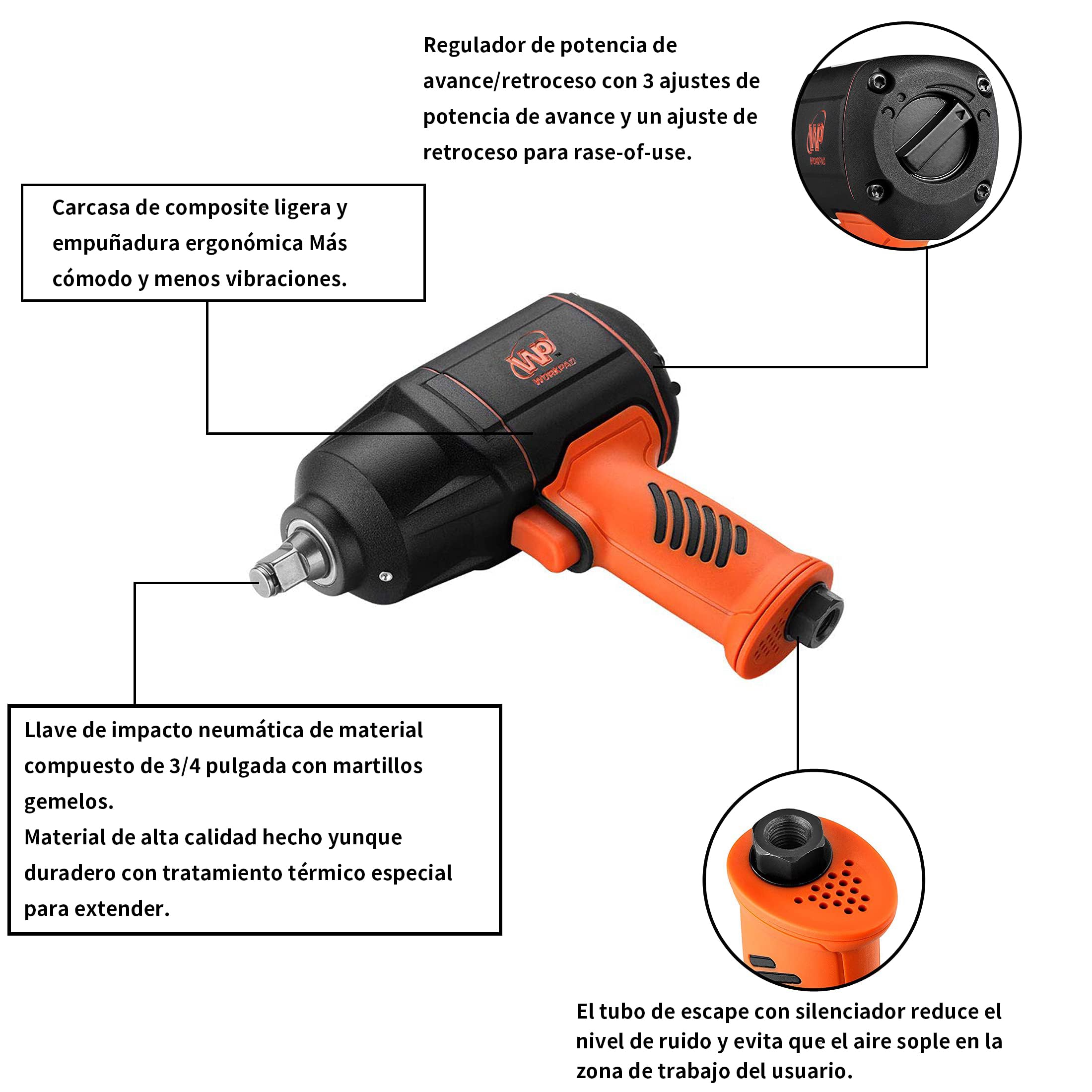 WORKPAD Llave de impacto neumática Twin Turbo, par de apriete máx. 2000 Nm. Par de apriete 2000 Nm, cuadradillo 19mm (3/4 pulgada),llave de impacto aire comprimido