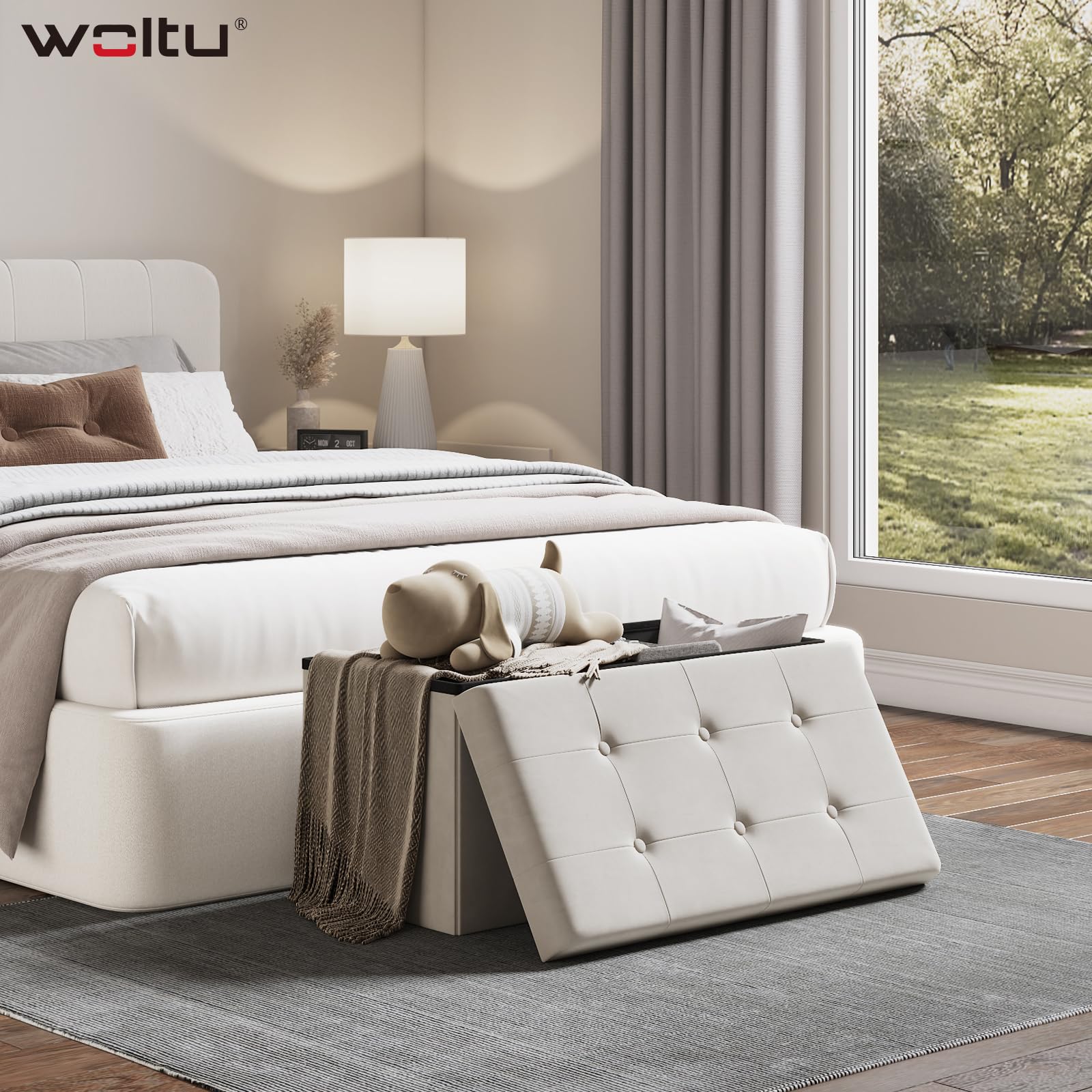 WOLTU Otomano y reposapié con Tapa, Taburete Puff de Terciopelo, Taburete Plegable de Almacenamiento 76x37,5x38 CM Crema