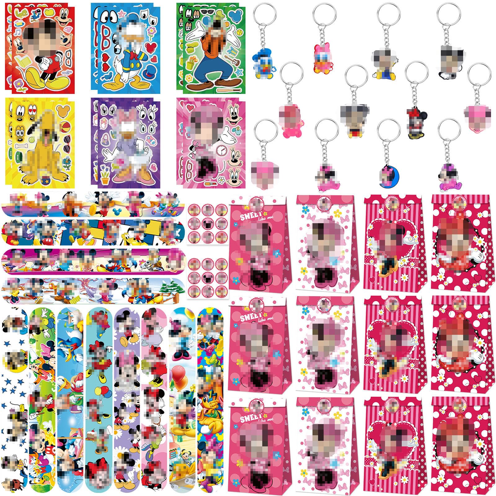 Party Bag Fillers for Kids, 66PCS Kids' Party Favours 16 Stickers 12 Paper Party Bags 12 Keyrings 12 Snap Bands for Kids Party Childrens Party Bag Fillers Stocking Fillers for Boys Girls