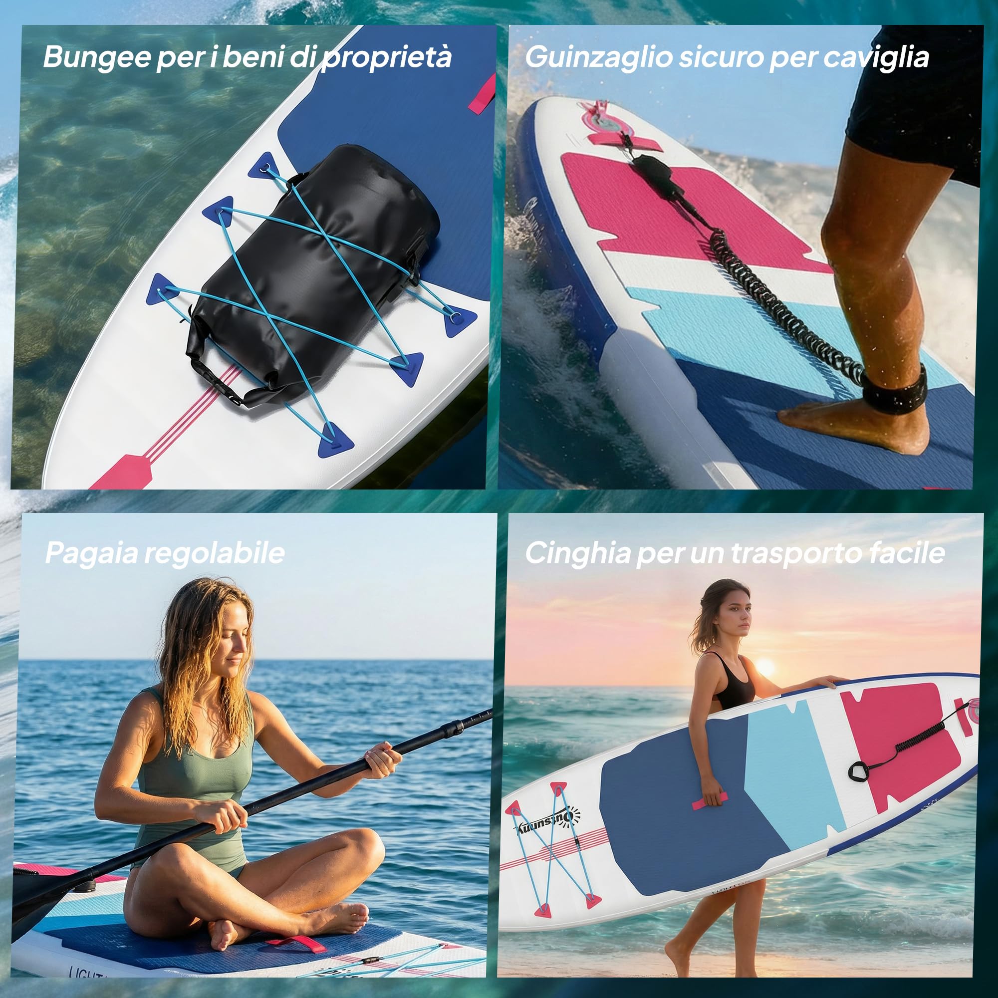 Outsunny Tavola Sup Gonfiabile Adulti, Stand Up Paddle Board con Ponte Antiscivolo in EVA, Pagaia in Alluminio Regolabile, Zaino, Pompa, Pinna Rimovibile, Carico 160 kg, 305x89x15cm, Tutti i Livelli