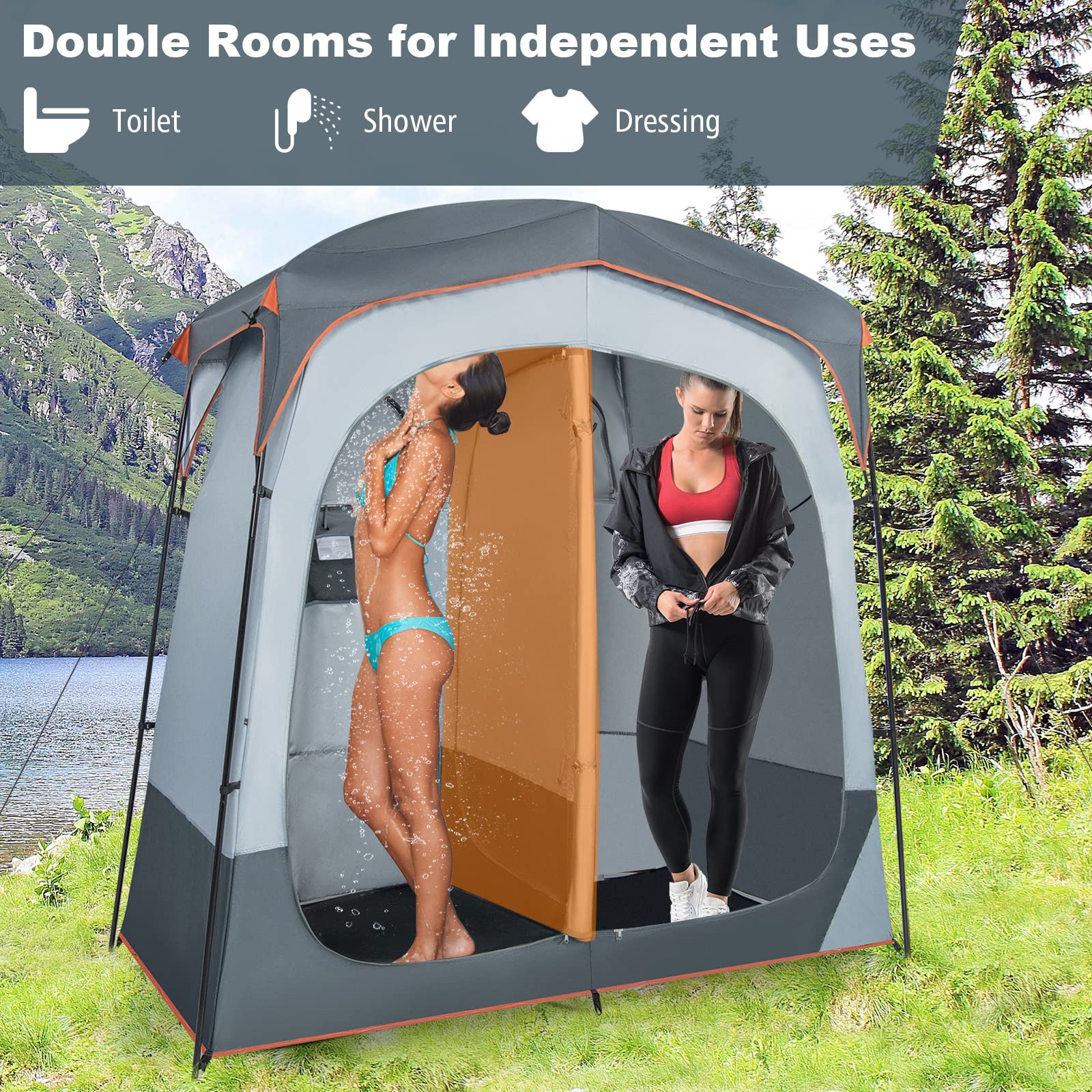 GOPLUS Tienda de Ducha para 2 Personas, Tienda de Camping de Vestuario Portátil con Ventanas, Puerta de Cremallera, Cubierta de Lluvia, Bolsa de Transporte, Refugio de Baño