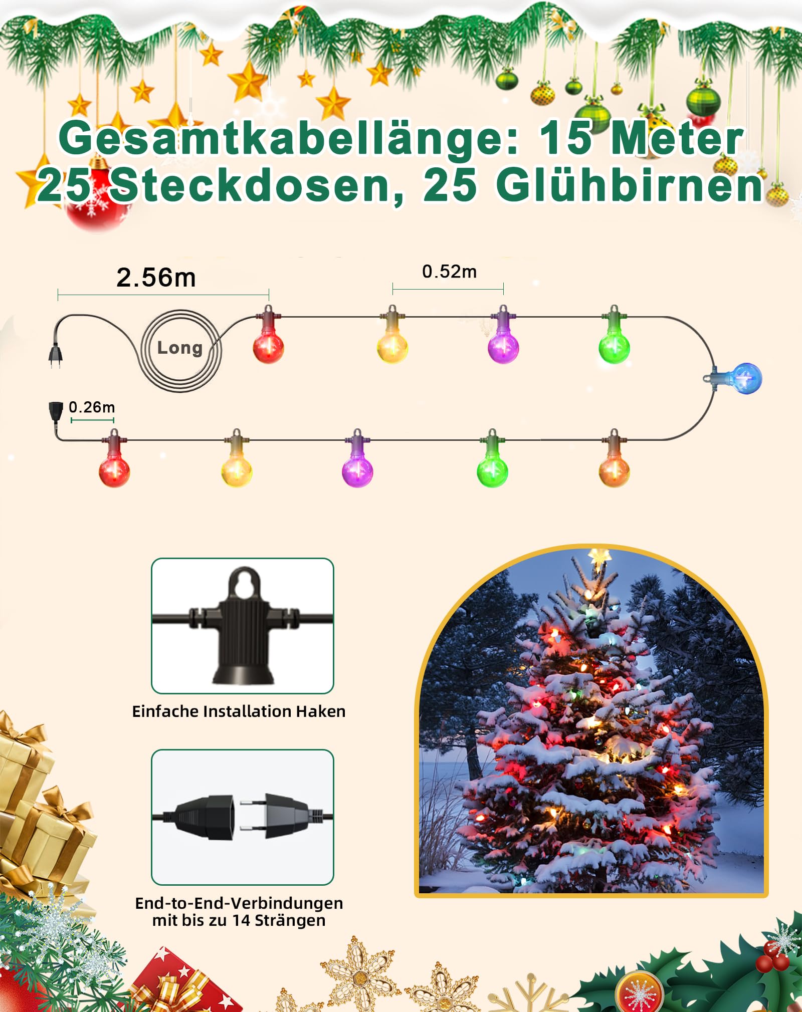 Zuske Bunte LED Lichterkette Außen 15m, 25 G40 Bunte Glühbirnen, mit Stecker, IP65 wasserdicht, für Weihnachten Erntedankfest Geburtstag Party Garten Terrasse Balkon Hochzeit