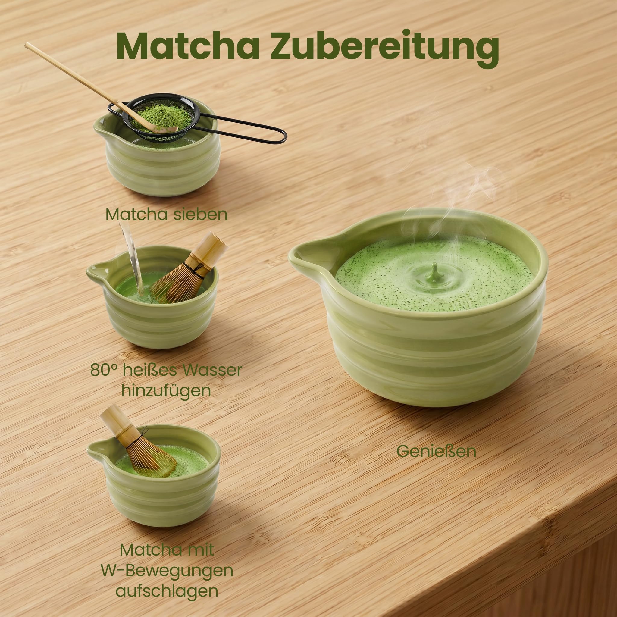 Lemontree Matcha Set - 7-teiliges Matcha Tee Set mit Bambus Besen, Keramik Schale, Matcha Löffel & Sieb - Lebensmittelecht, Spülmaschinenfest, Geschenkbox - Für Matcha-Liebhaber, Matcha Zubehör Set