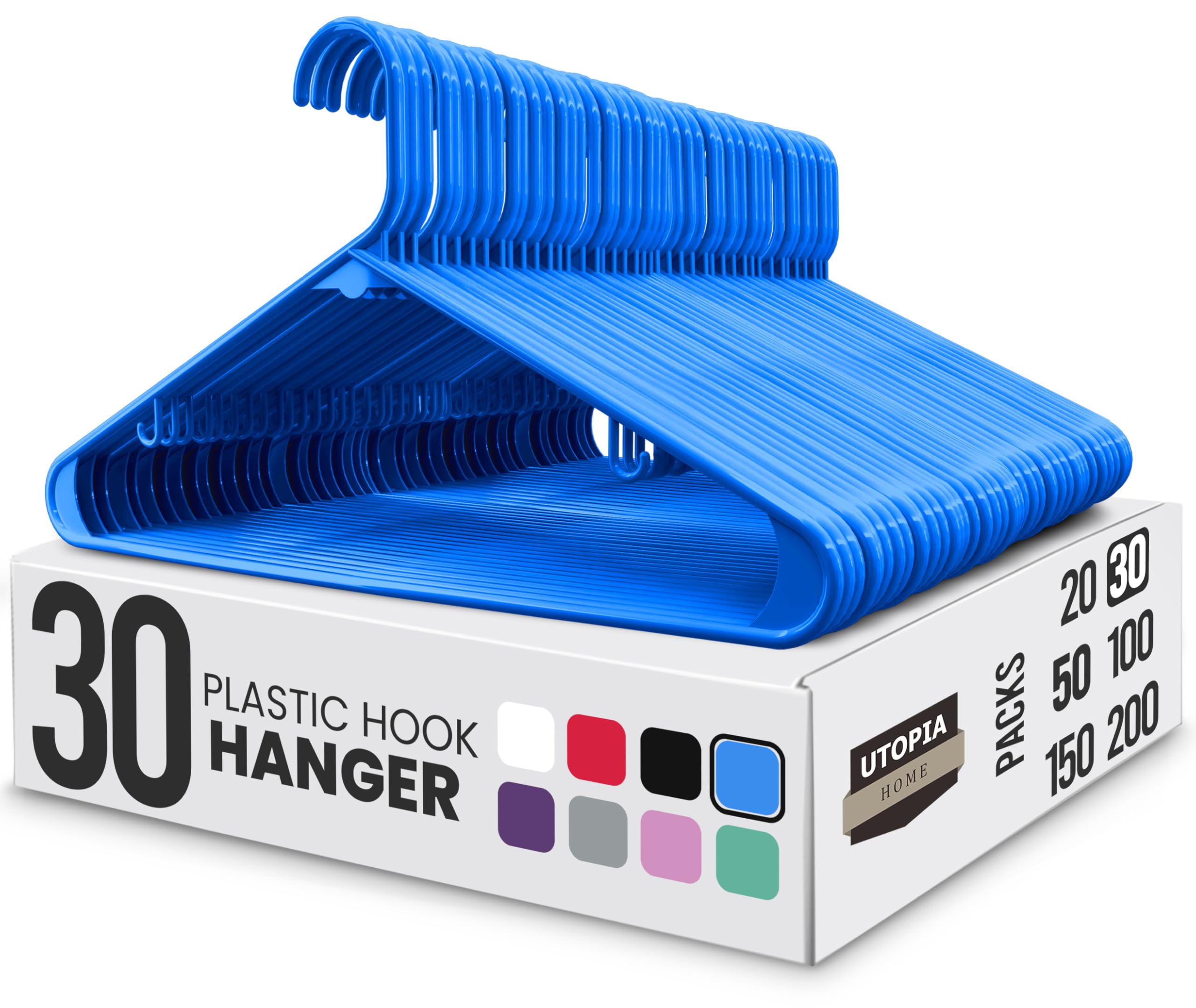 Utopia Home Plastic Hangers 30 Pack - Clothes Hanger with Hooks - Durable & Space Saving (Blue)