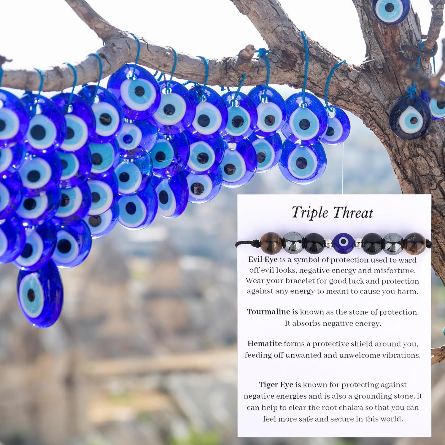 Triple Threat Bracelet, Adjustable Natural Stone Blue Evil Eye Beaded Bracelet Tiger Mal De Ojo Beads Charm Jewelry for Women & Men Gift Friends Coworker Family - Image 7