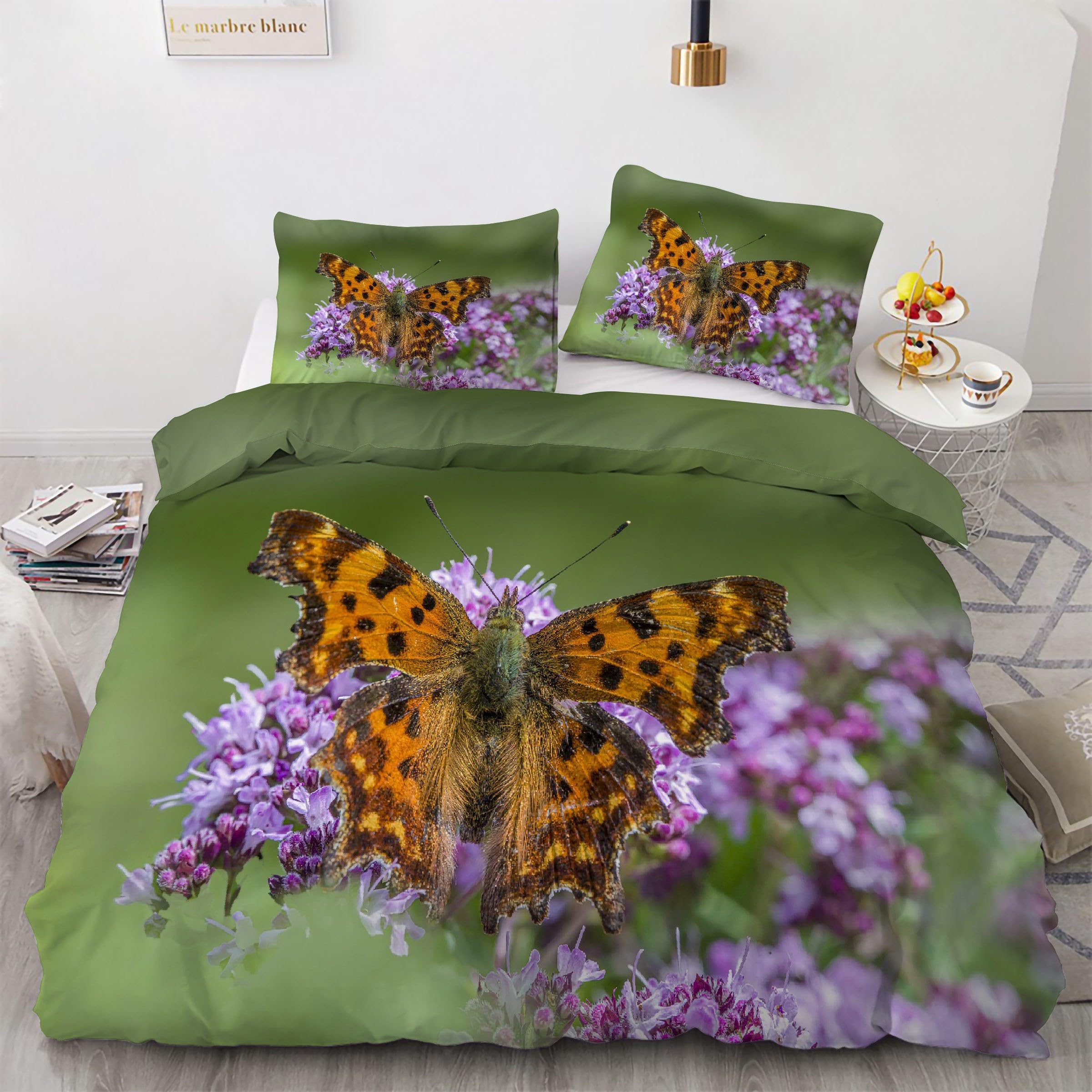Housse de couette 160x200 fleurs papillon ensemble de literie 3 pièces microfibre