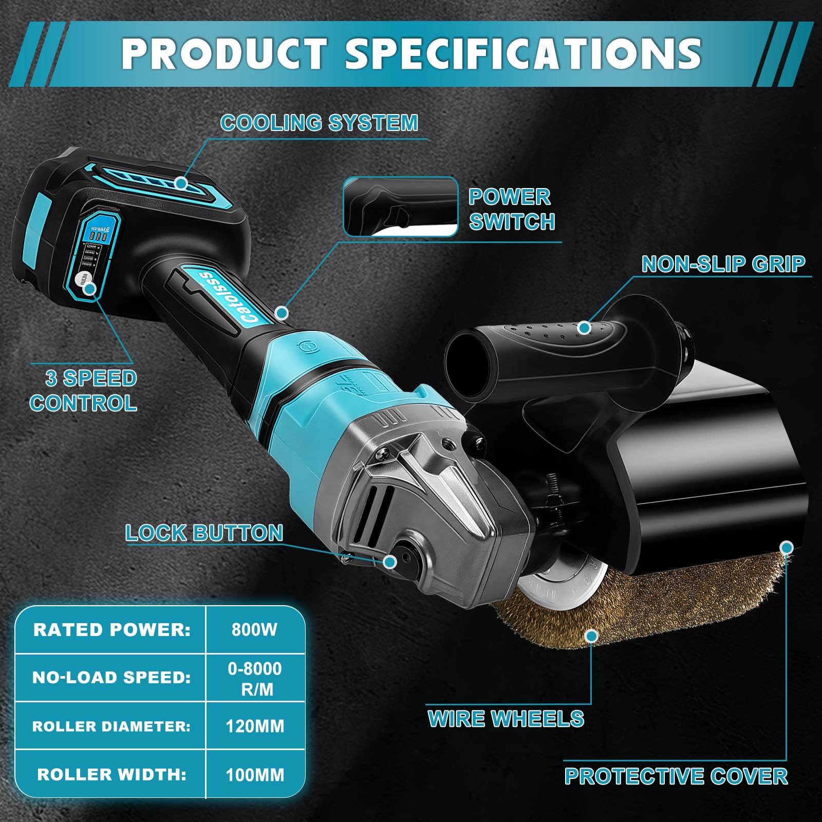 Ponceuse à brosse sans fil 800 W compatible avec Ma-kita 18 V, bouton rotatif à 6 vitesses, machine à satiner 8000 tr/min pour rénovation extérieure, 2 brosses à lamelles et accessoires (sans