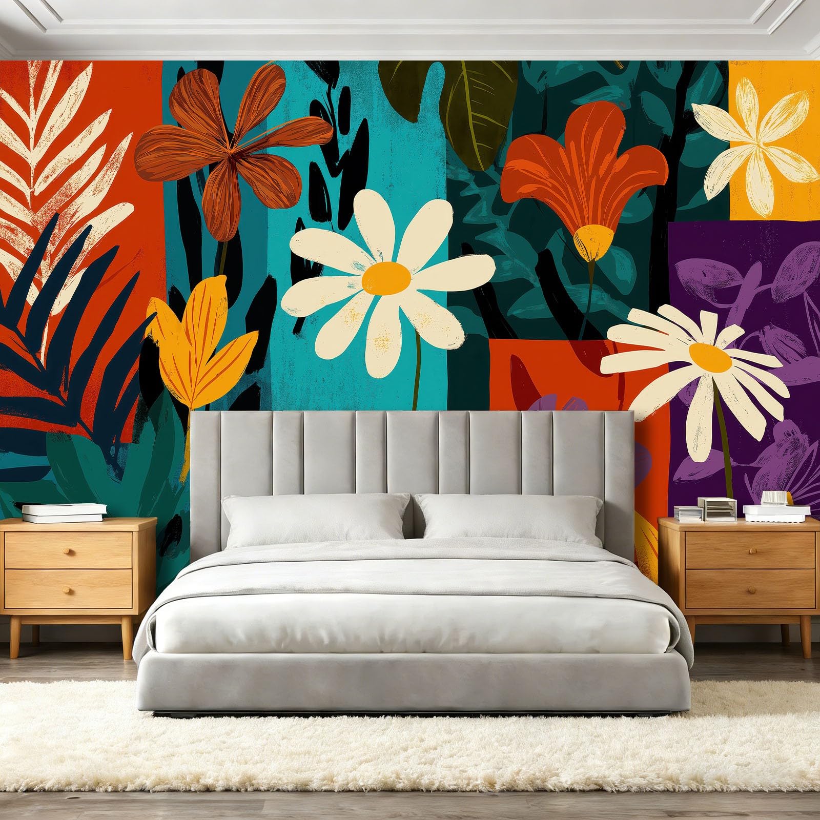 Fototapeta Tropikalne Rośliny Geometria Kwiaty Abstrakcyjne Fotografia Fototapeta Do Sypialni Pokój Dziecięcy, 300 x 210 cm Fototapeta Artystyczna, Pomarańczowo-Zielony