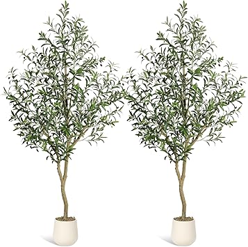 GarveeHome Olive Trees Artificial Indoor, 7ft Tall Faux Silk Plant - Fake Potted Tree with White Planter, Artificial Plants with Natural Wood Trunk and Lifelike Fruits for Home Office Decor, 2 Pack