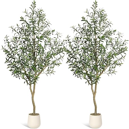 GarveeHome Olive Trees Artificial Indoor, 7ft Tall Faux Silk Plant - Fake Potted Tree with White Planter, Artificial Plants with Natural Wood Trunk and Lifelike Fruits for Home Office Decor, 2 Pack