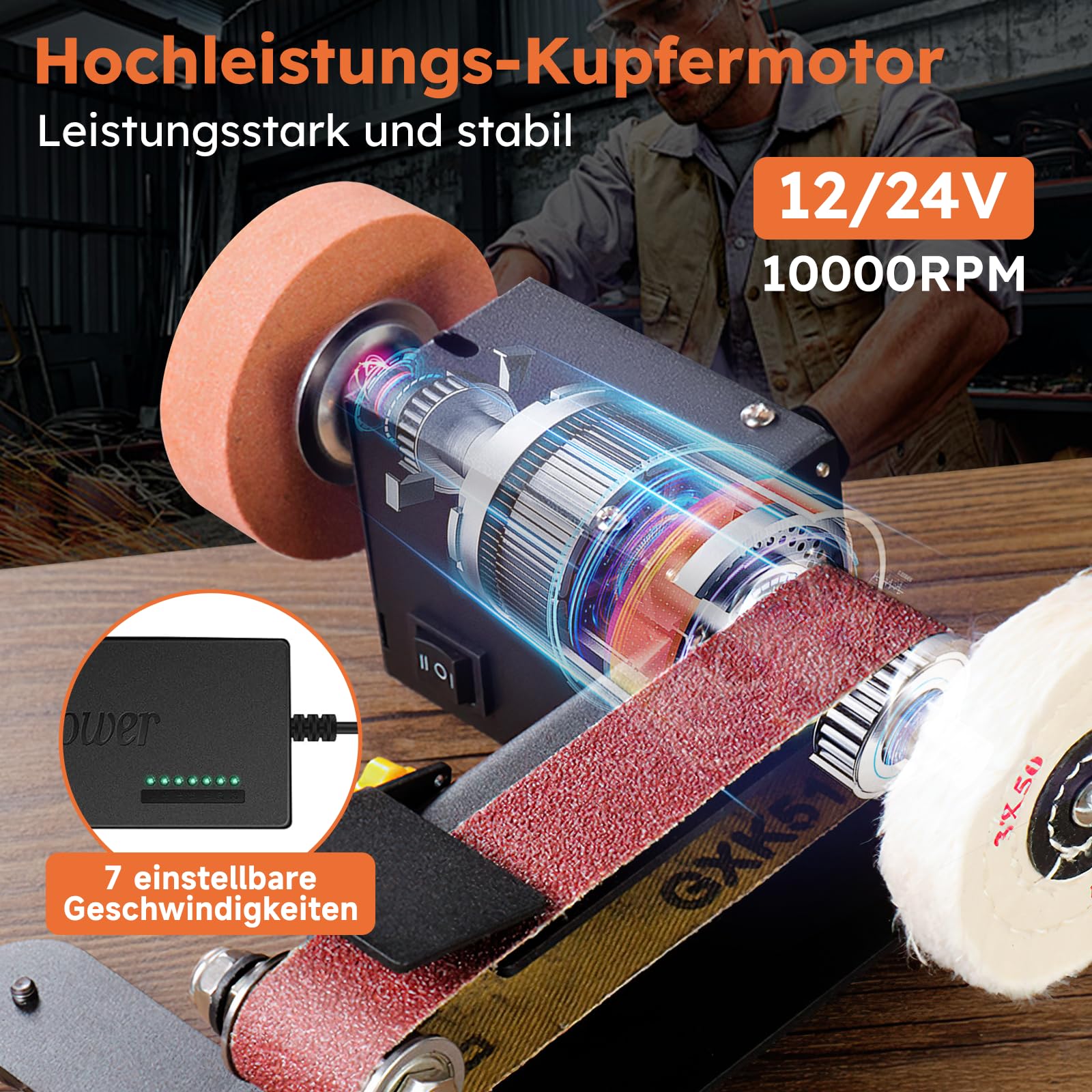 Mini Bandschleifer, 350W Elektrischer Bandschleifer, 7-Stufig Verstellbarer Polierer, DIY Polierschleifmaschine mit 10 Schleifbänder Geliefert, Schleifscheibe und Polierscheibe zum Polieren von Holz
