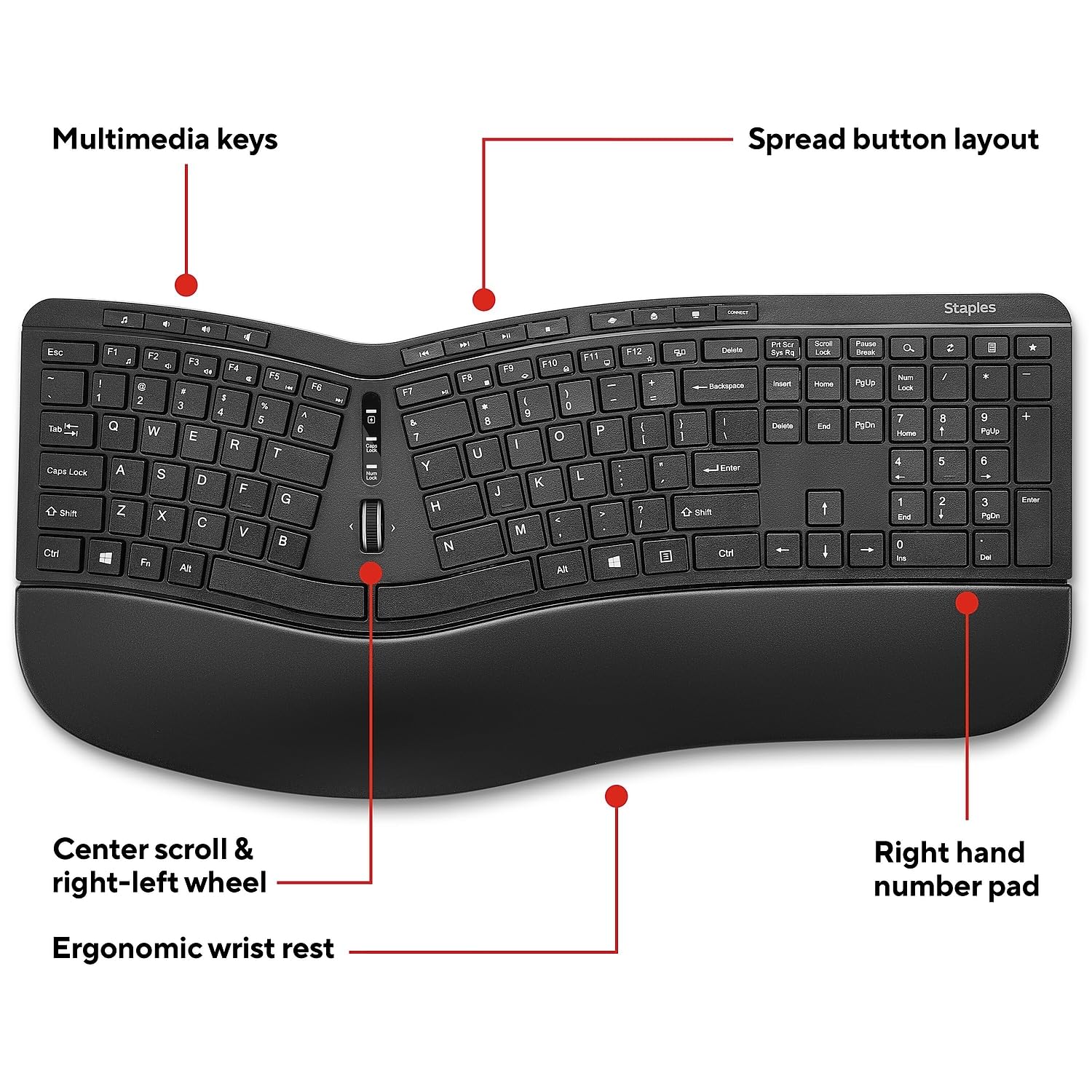 Staples TECH Tastiera Ergonomica Senza Fili - USB, Nero