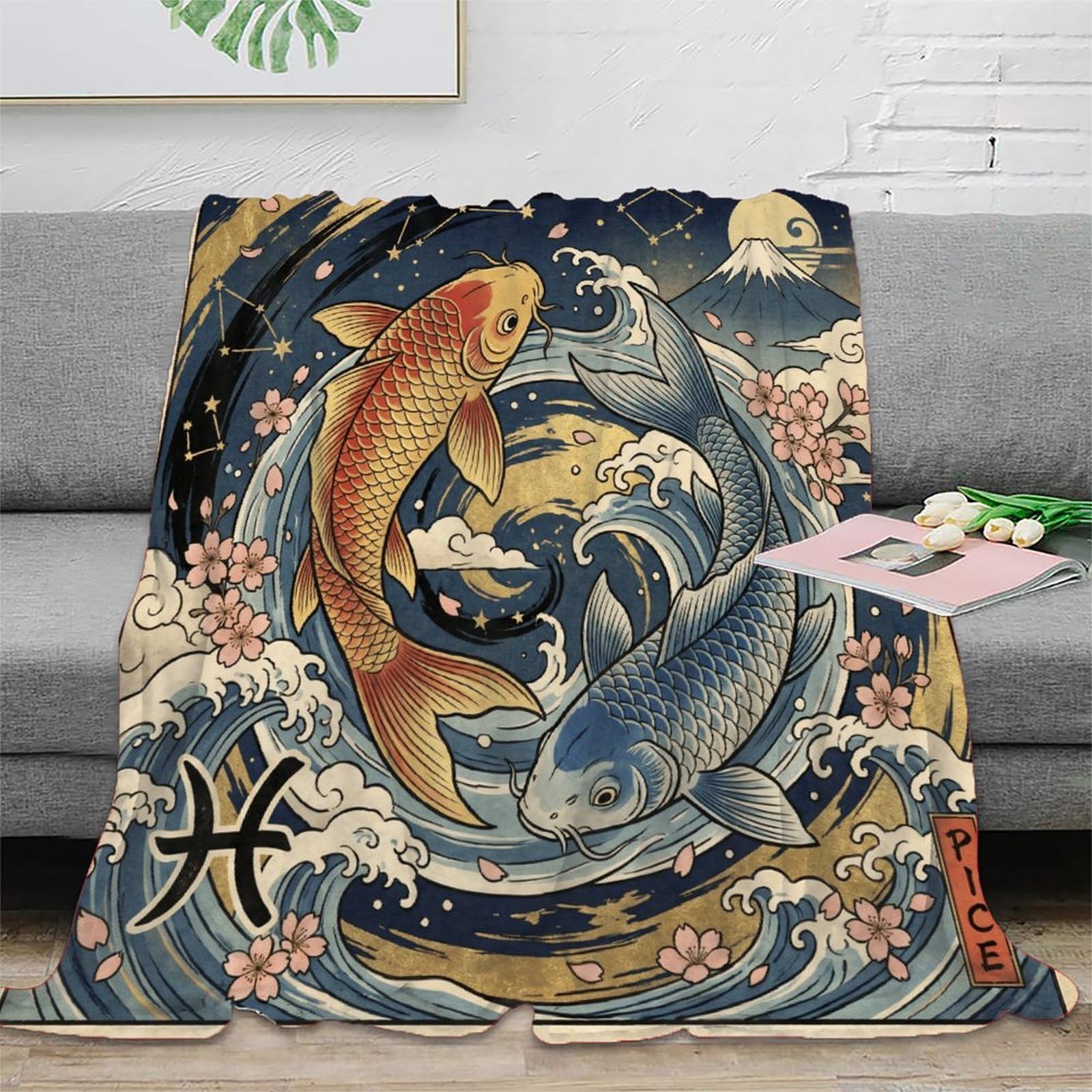 H3B8U2Y5 Pisces Zodiac Japanese Koi for Soft Throw Blanket, Bedroom Nap Use