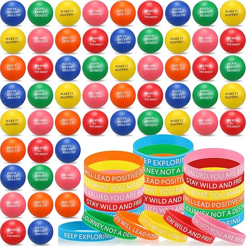 Leyndo Juego de 120 bolas motivacionales para el estrés y pulseras de silicona inspiradoras, 60 bolas inspiradoras de espuma, 60 pulseras de goma