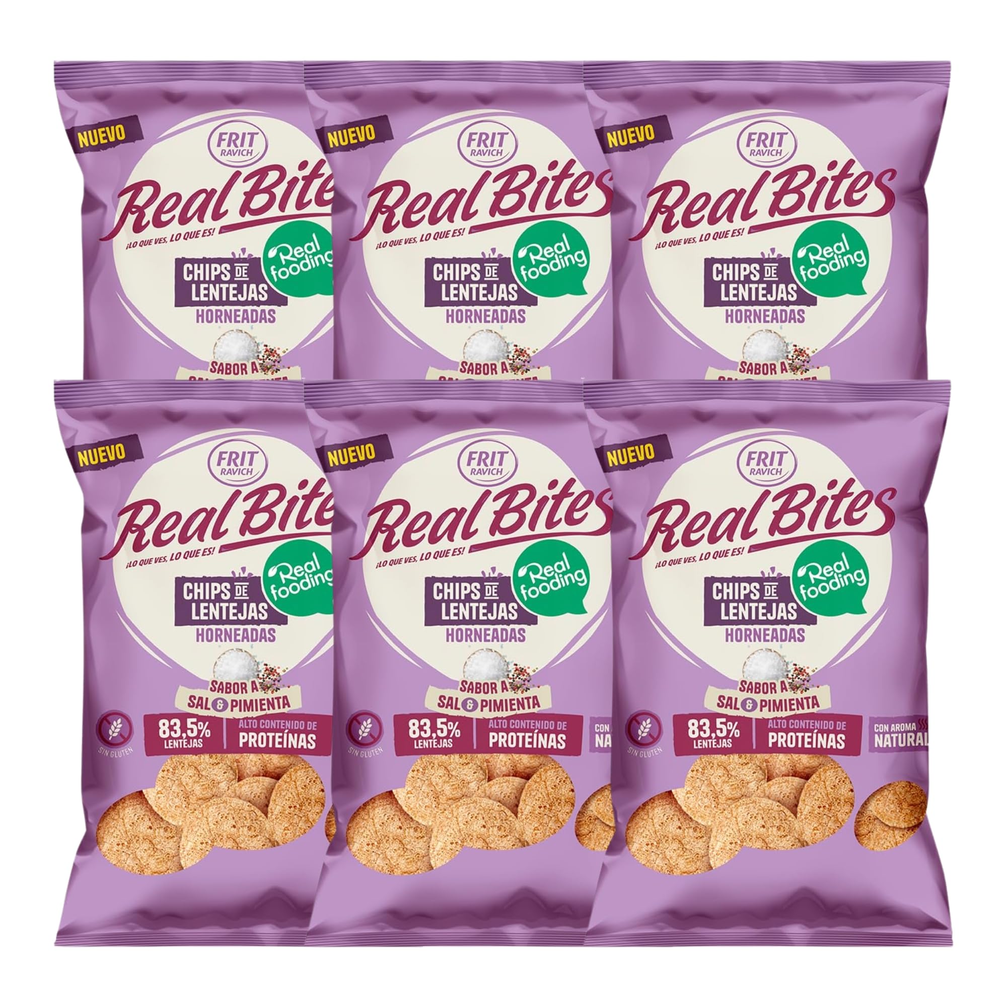 Chips de Lenteja RealFooding - Caja 6 Paquetes - Sabor: Sal y Pimienta. 6 Bolsas x 80 gramos. Chips de Lenteja al 86% Horneados - RealBites - Sin Gluten
