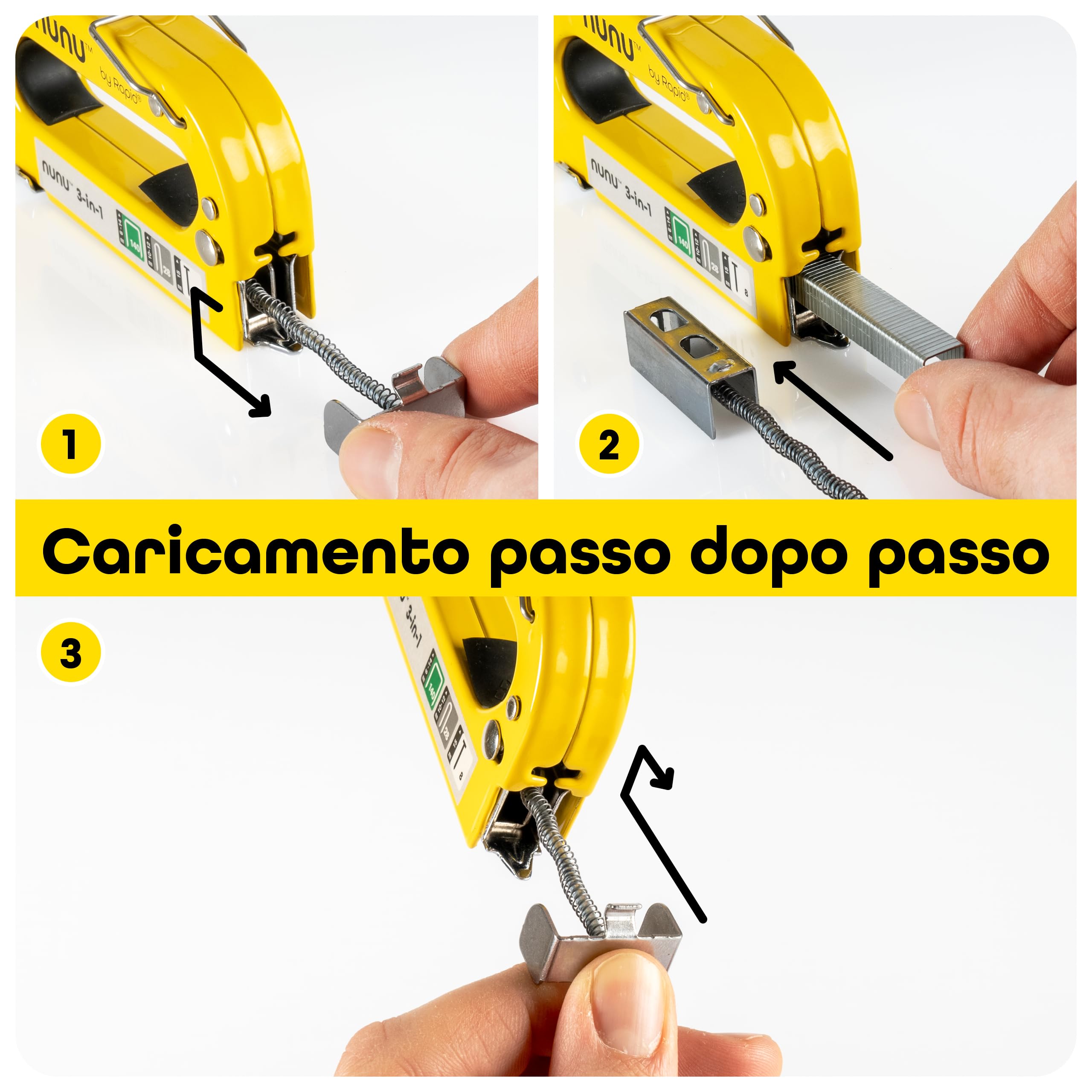 Rapid NUNU Pistola Sparapunti 3 in 1 per Lavori su Legno, Tappezzeria, Tappeti e Cavi, con Potenza Regolabile e Design Ergonomico, include 3.000 Punti Metallici e Borchie