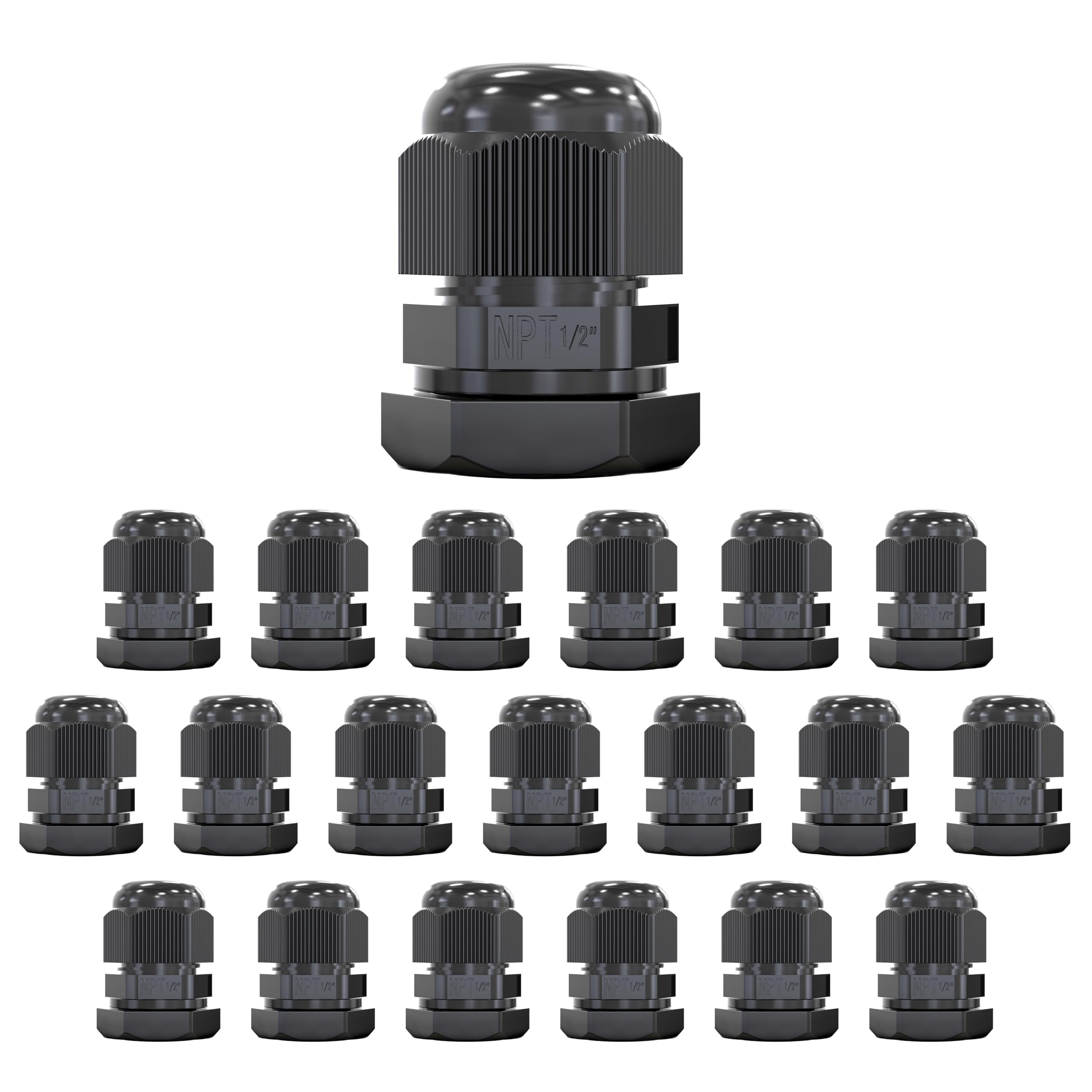 MGI SpeedWare 1/2" NPT Strain Relief Nylon Cord Grip Cable Glands, Black Plastic Grommet 20-Pack