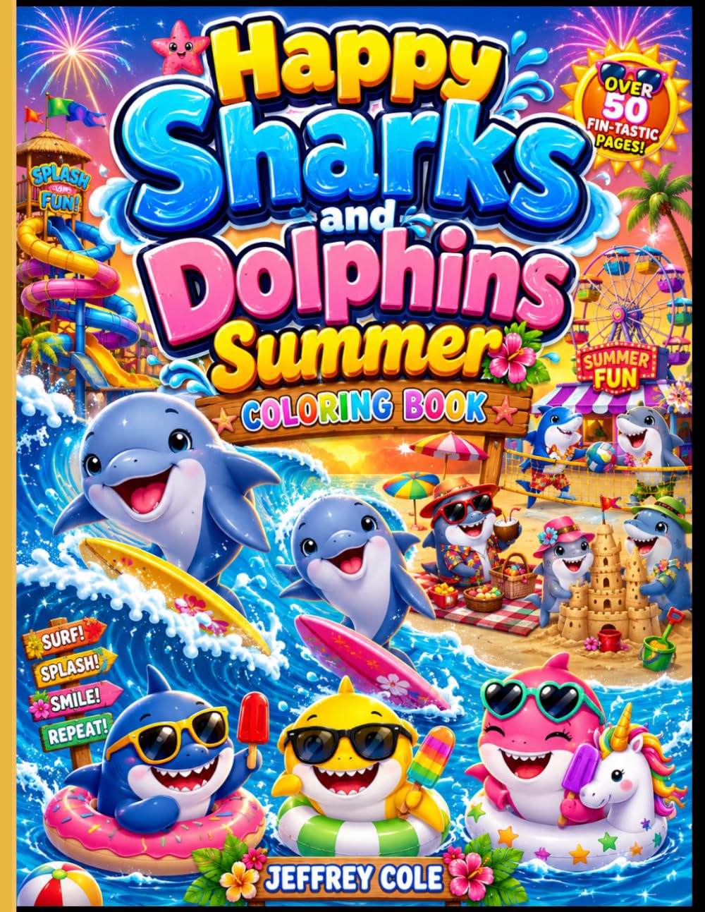 Happy Sharks and Dolphins Summer Coloring Book: Cute Ocean Friends, Beach Adventures, Water Parks, and Bold & Easy Summer Coloring Pages for Boys & Girls