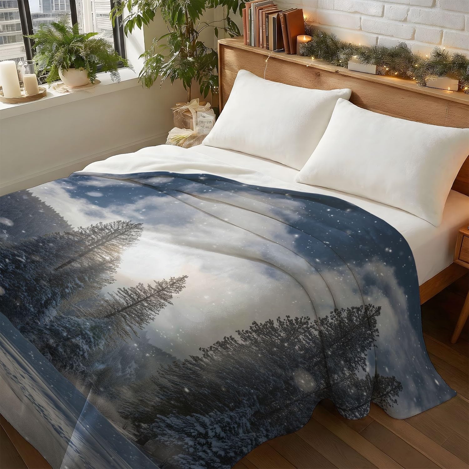 Générique Szaro-niebieski koc flanelowy z motywem eterycznego lasu ze sceną leśną, przytulny koc flanelowy, 180 cm x 200 cm, na łóżko, sofę, wystrój pokoju dziecięcego
