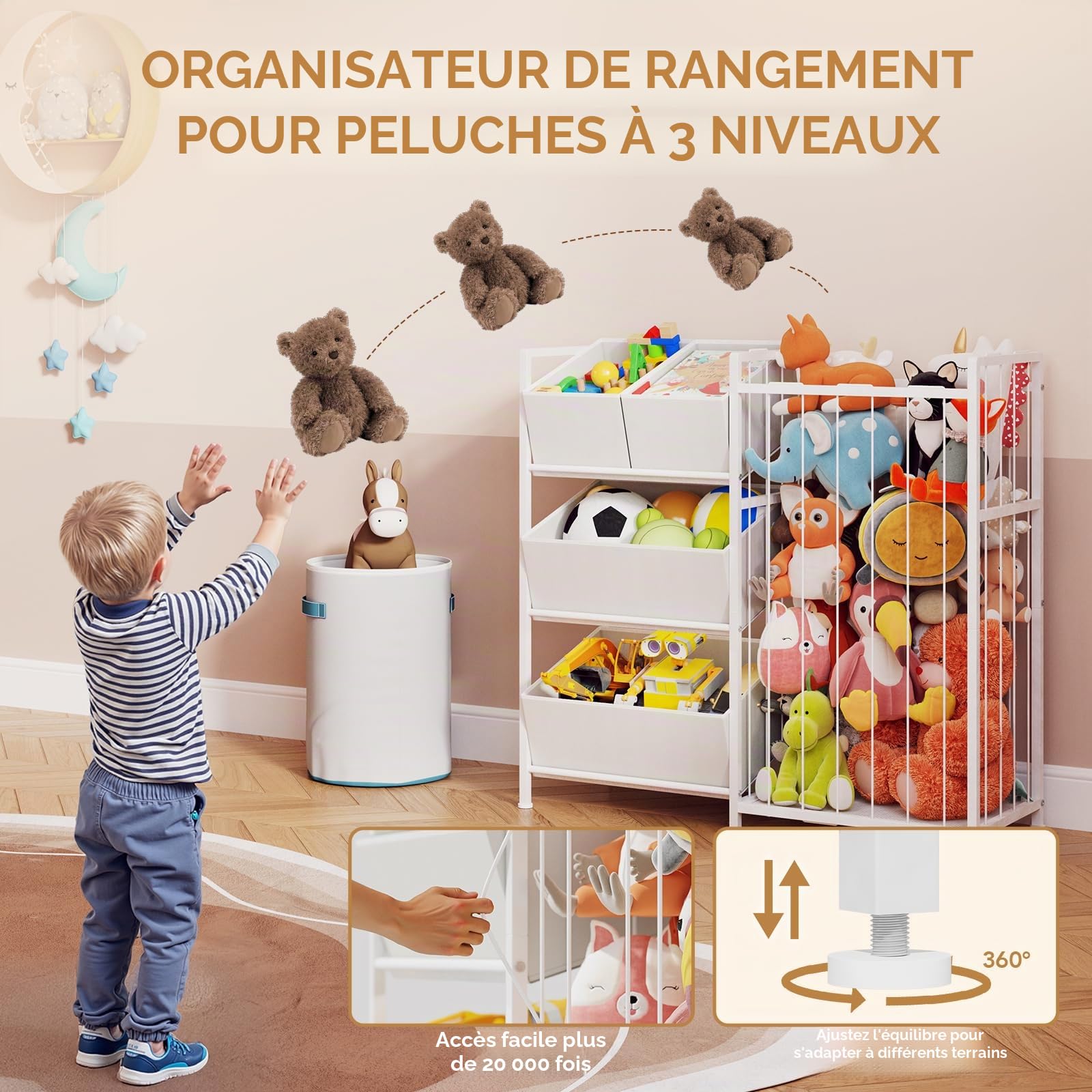 BBLIKE Rangement Peluche Chambre Enfant - Zoo Range Peluche en Roues, Meuble Rangement Jouet d'enfant, Coffre a Jouet pour Balles et Ours en Peluche Salle de Jeux (B)