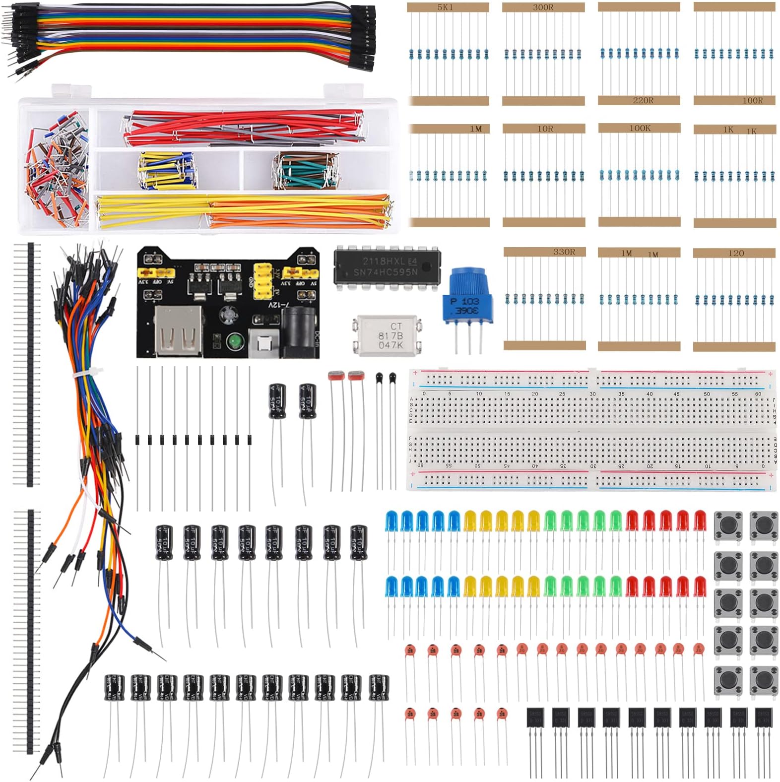Electronics Component Fun Kit, Electronic Starter Kit with Breadboard Jumper Wires Kit, PCB Soldering Kit, LEDs & Resisitor Kit