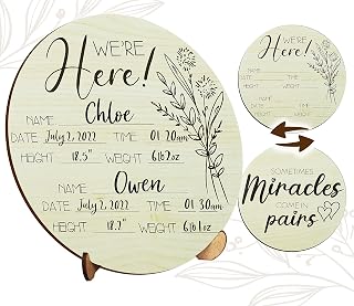 Wooden Twins Announcement Sign for Hospital and Pregnancy Announcements, 6.5” Reversible Newborn Welcome Baby Sign for Twin Babies