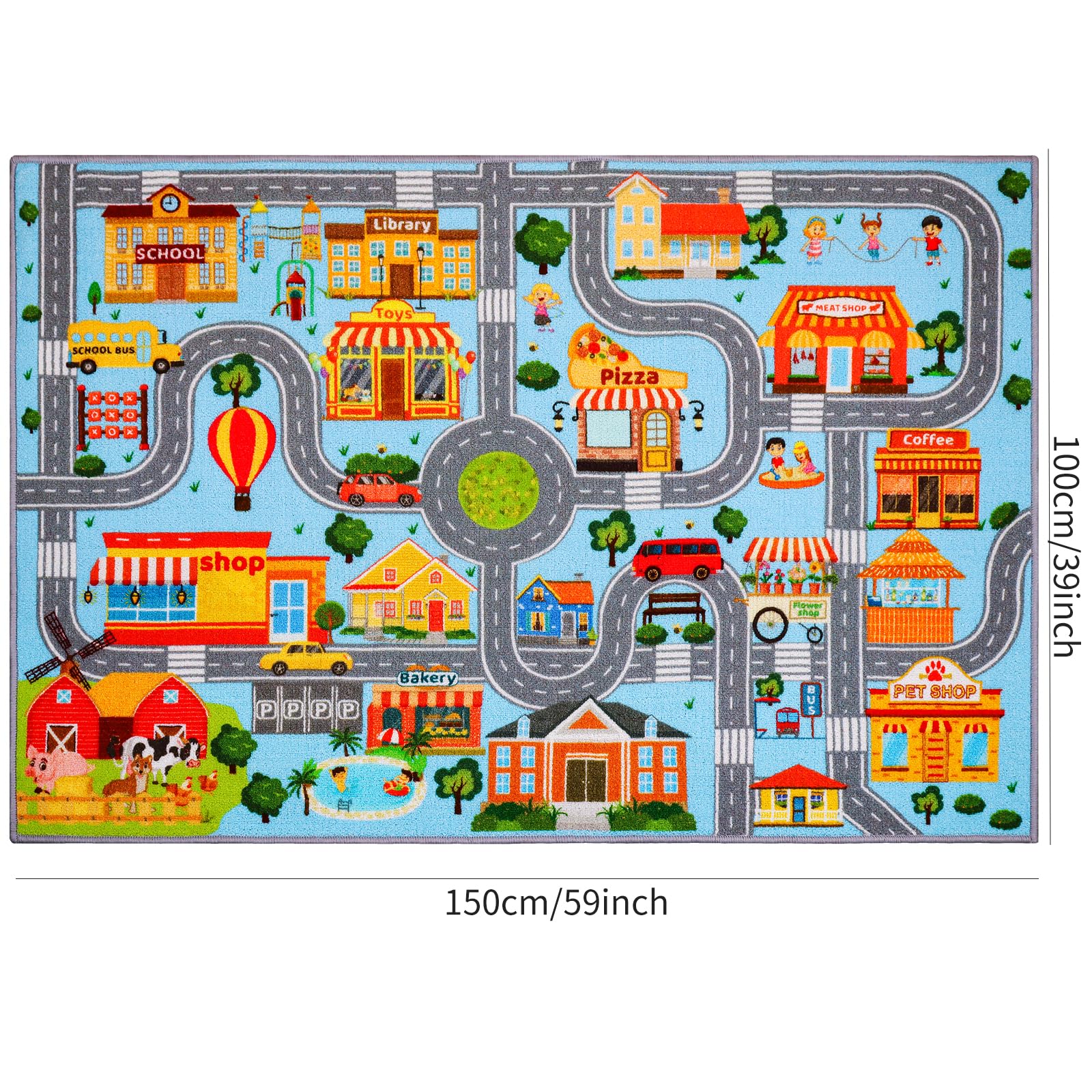 Autoteppich für Kinder, Kinder-Auto-Spielmatte, extra rutschfester Verkehrsstraßenteppich für Kinders, pädagogische Automatte mit Stadtplan für Spielzimmer, Jungen-Schlafzimmer (150X100CM, Blue Sky)