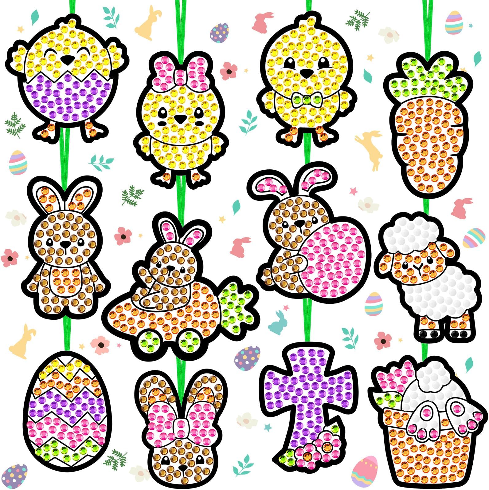 36 Sets Easter Window Art Suncatcher Kits, Diamond Art and Craft Ornament Kits with Ropes, Gem Suncatcher Fun Gemstone Sun Catcher, Diamond Crafts Gift