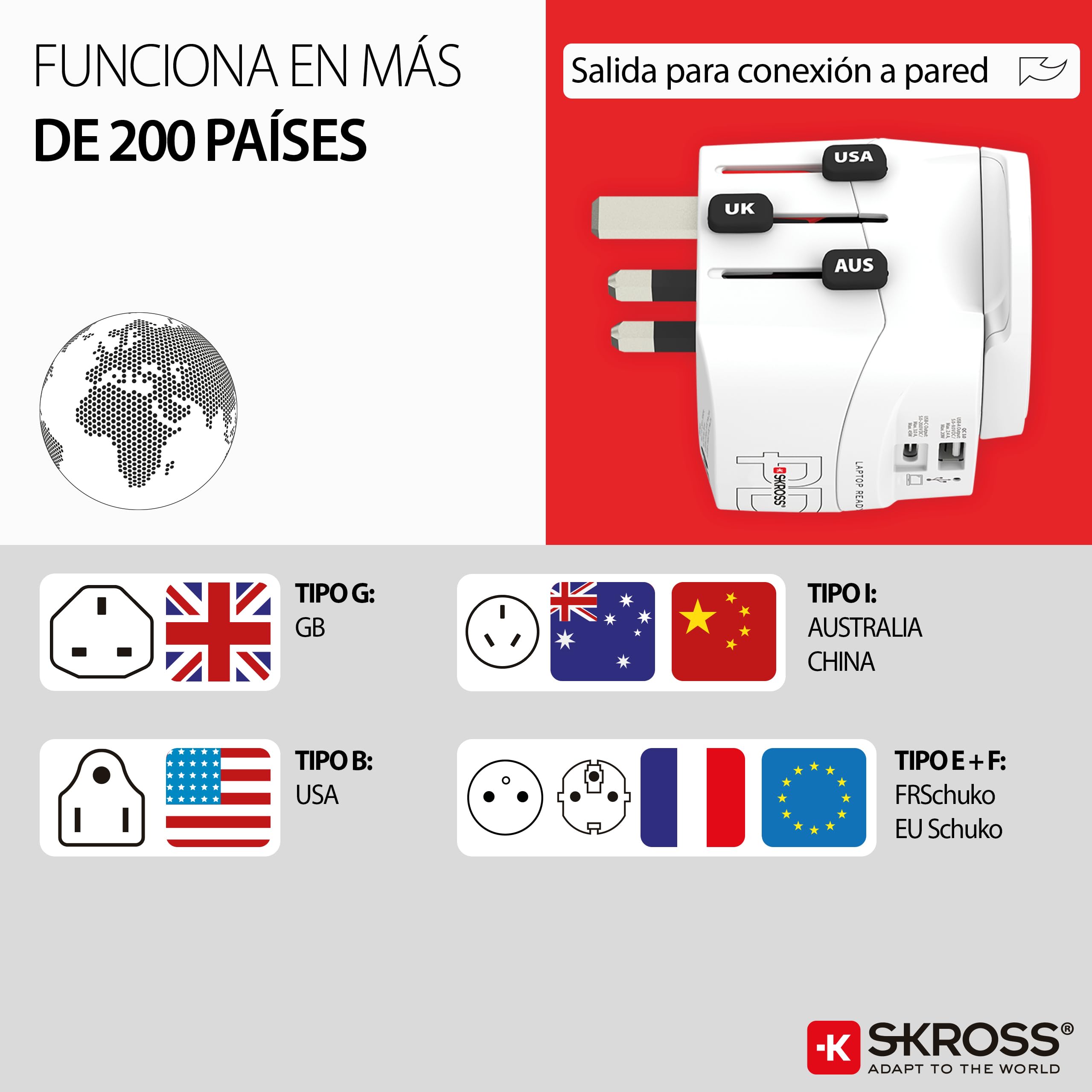 SKROSS - Pro Light USB AC45PD - Adaptador de Viaje Universal con 2 Puertos USB - Carga rápida 45W - Voltaje y Potencia: 100V CA - 700W / 250V - 1750W