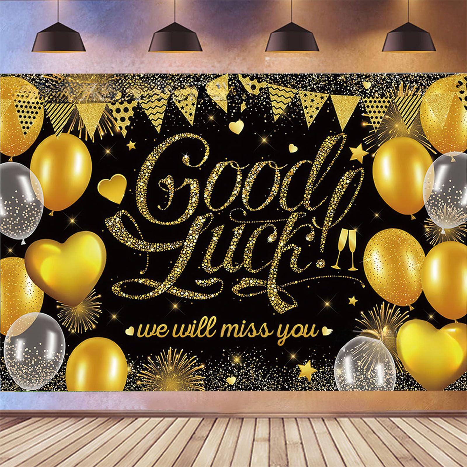 VGRDTW Retirement Decorations, Sorry Your Leaving Decorations, Good Luck Banner, Black & Gold Farewell Party Backdrop Decor