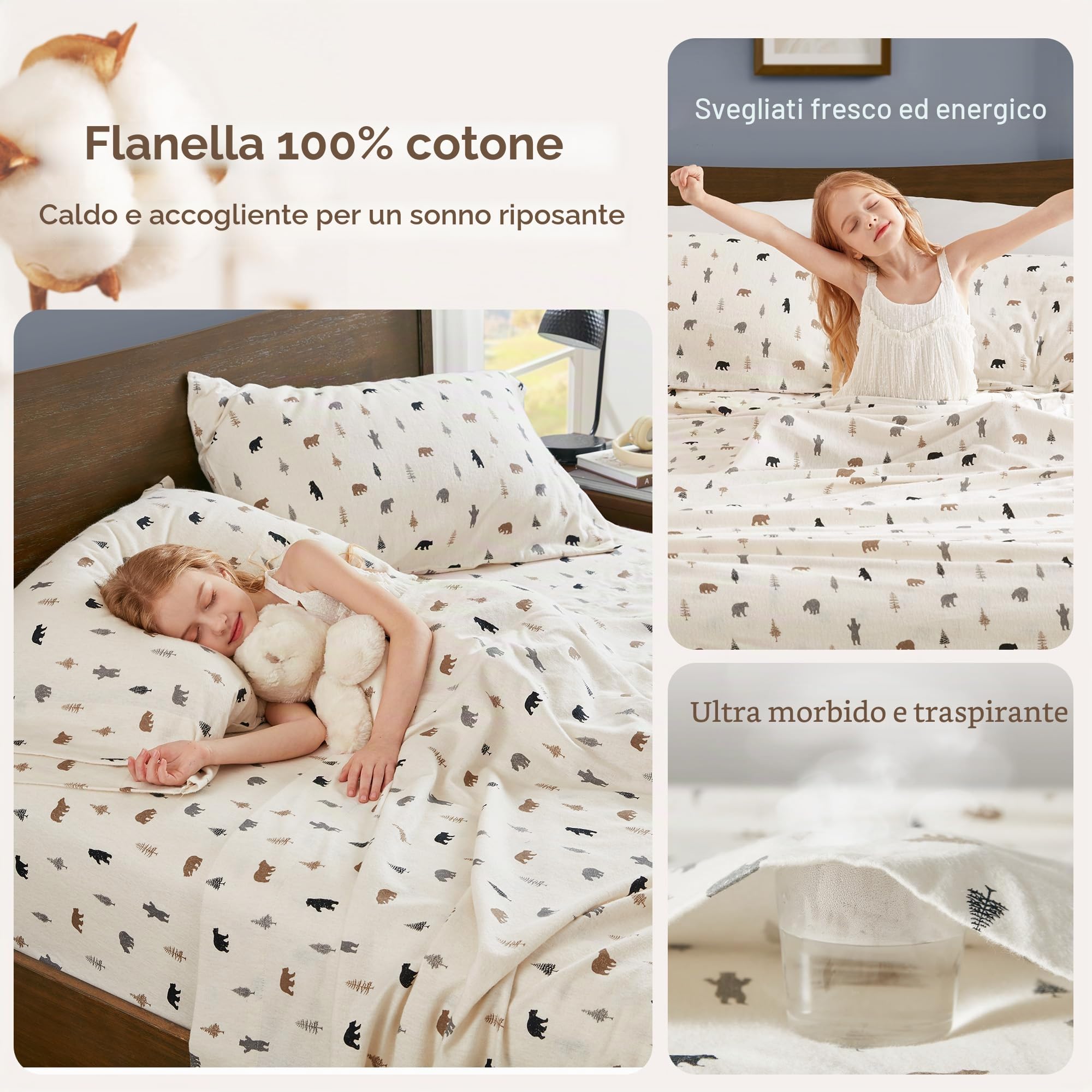 Comfort Spaces Set di lenzuola in flanella di cotone al 100%, ultra morbide e accoglienti, con tasca elastica da 30,5 cm, per materassi fino a 35,6 cm, stampa originale, biancheria da letto in